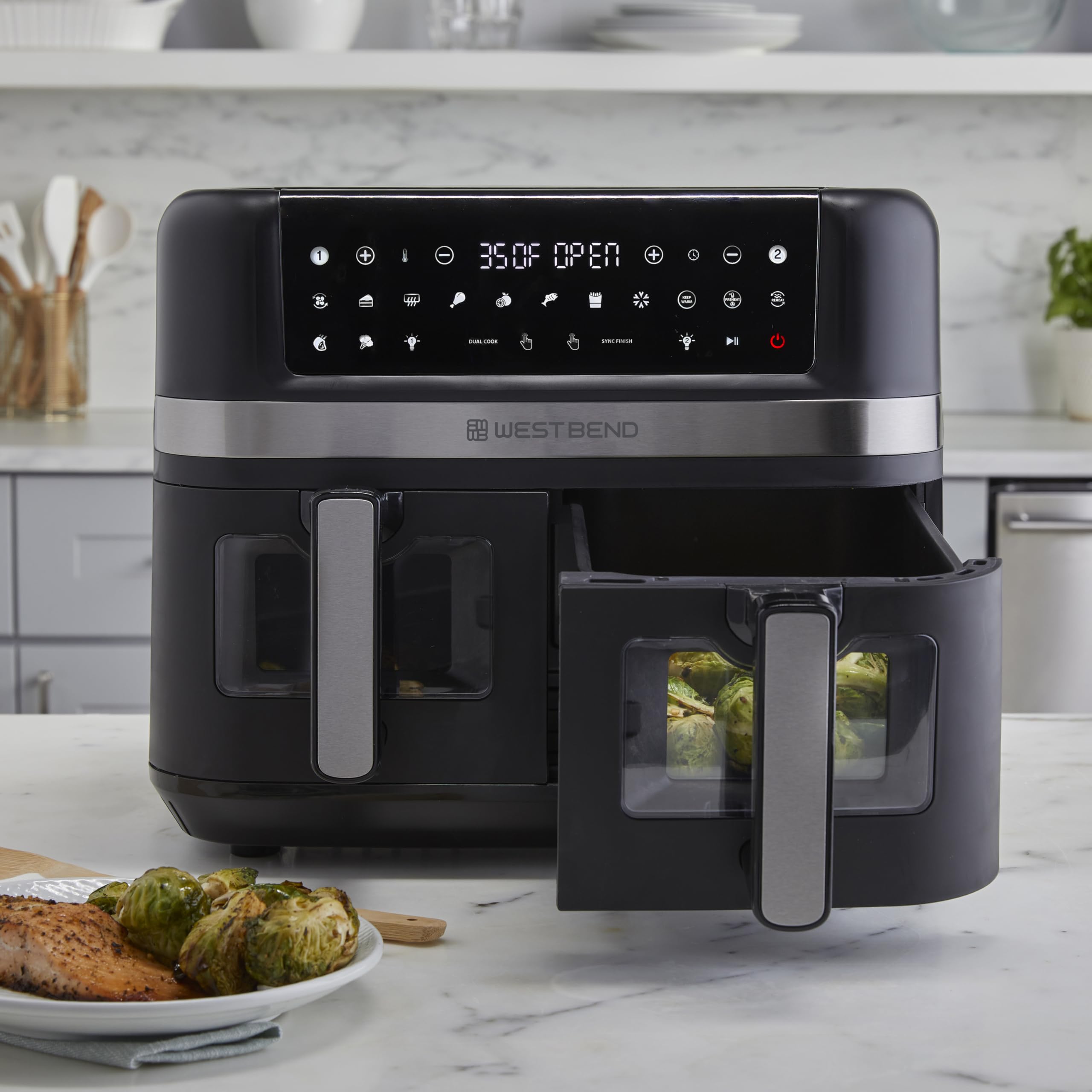 West Bend 10-Quart Dual Basket Air Fryer with Digital Controls, View Windows & 15 Presets - Nonstick Frying Baskets, Dual Zone Cooking, 1600W - Perfect for Family Meals, Healthy Snacks & Quick Weeknight Dinners - Black
