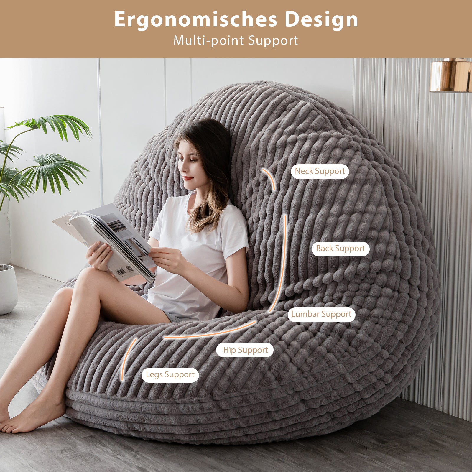 MAXYOYO Giant Bean Bag Chair for Adults - Round Soft Striped Faux Fur Bean Bag in Grey | Large Comfortable Lounge Chair for Living Room, Bedroom, Game Room & Dorm