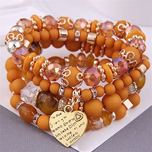 Bohemian Stackable Stretch Bracelets for Women - Multilayer Crystal Beads Bracelet Set with Heart Charm in Orange | Boho Chic Jewelry for Everyday Wear, Parties & Gifts