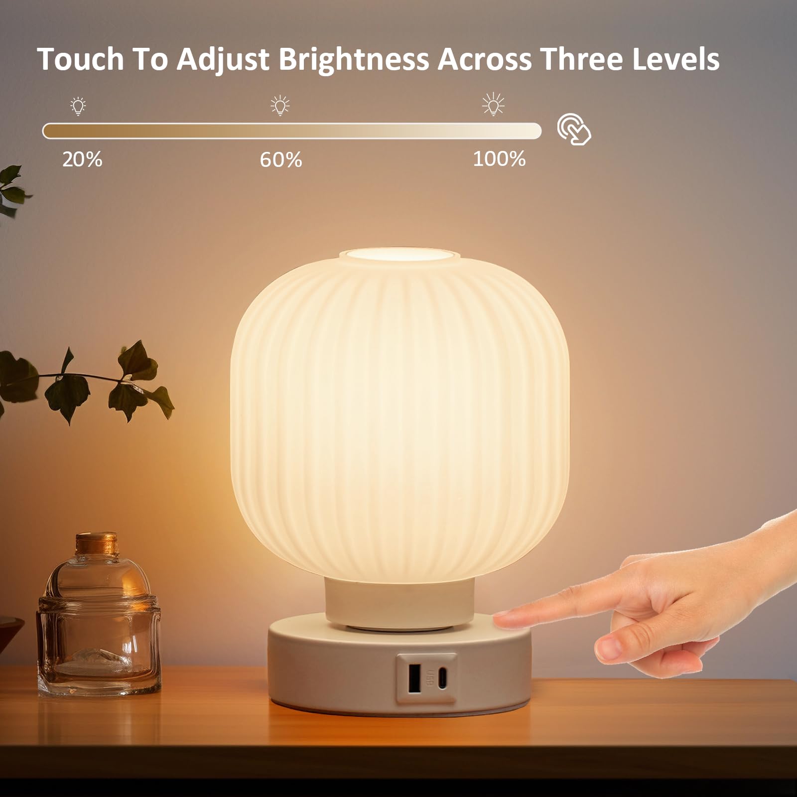 Touch Bedside Table Lamp - 3-Way Dimmable Nightstand Lamp with USB-C & USB-A Charging Ports, 6W LED Bulb Included - Perfect for Bedroom, Living Room & Office Lighting