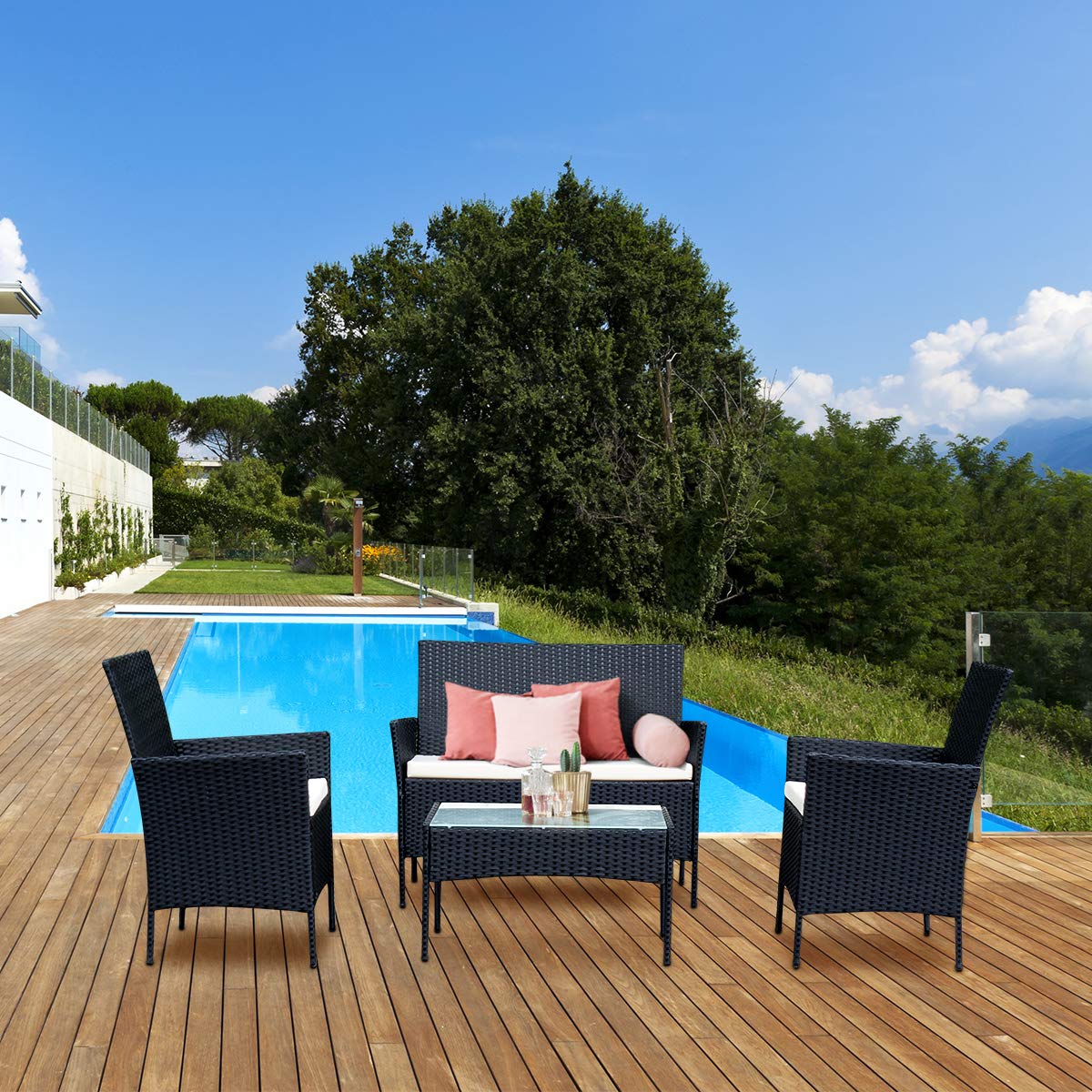 Casart 4-Piece Rattan Patio Furniture Set with Glass Top Coffee Table & Removable Cushions - Outdoor Wicker Sofa Set for Garden, Lawn, Poolside & Backyard Relaxation