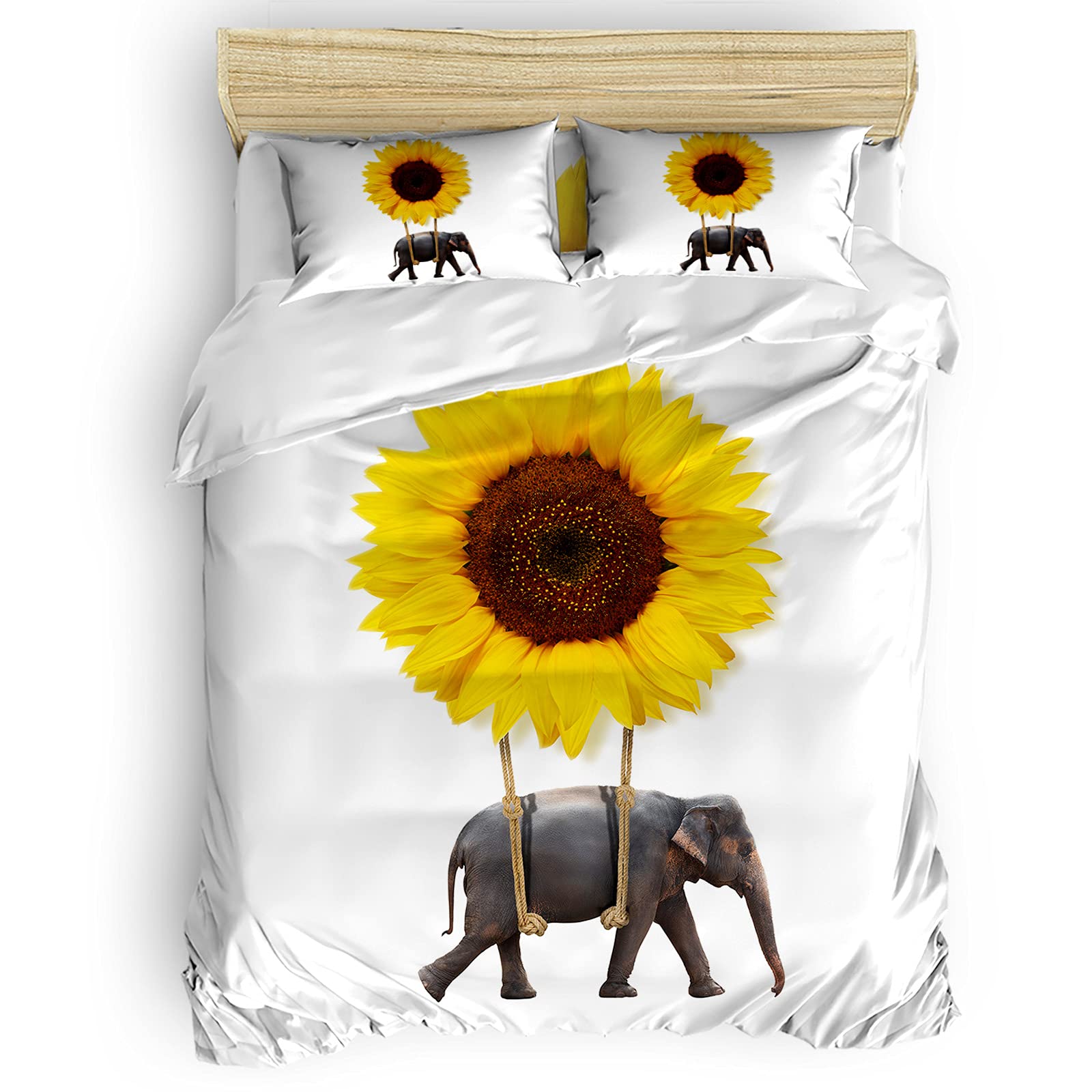 **PartyShow 4-Piece Full Bedding Set - Elephant & Sunflower Balloon Print Comforter Cover, Bed Sheet & 2 Pillowcases for Kids' Bedroom Decor (Girls/Boys, White) - Soft & Fun Animal Theme for Cozy Sleep & Playtime**