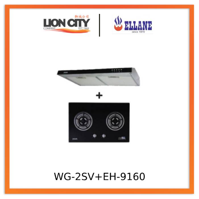 Ellane 60cm/90cm Slimline Hood with Black Panel EH 9160 & WG 2SV 80cm 2 Burner Glass Gas Cooker - Modern Kitchen Ventilation and Cooking Solution for Home & Restaurant Use