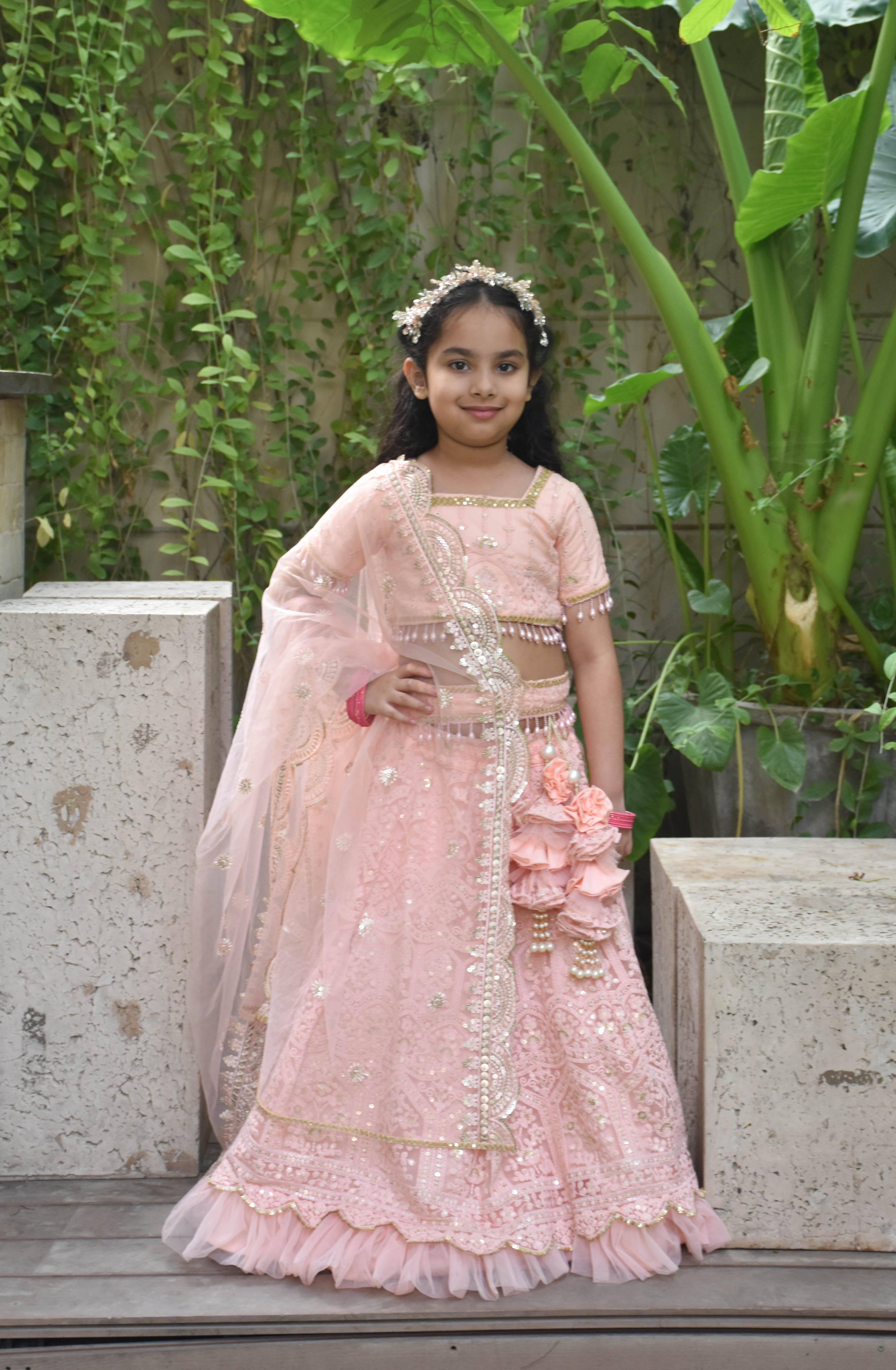 **Pre-Order: Peach Thread Lehenga Set for Girls – Elegant Indian Ethnic Dress for Weddings, Festivals & Special Occasions**