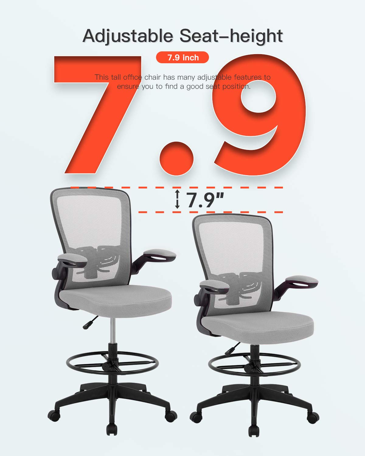 **Ergonomic Drafting Chair - Adjustable Height Office Chair with Lumbar Support, Armrests & Footrest - Mesh Back Swivel Rolling Stool for Standing Desk, Computer Work & Home Office (Grey)**    *(Perfect for Architects, Designers, Gamers & Long-Hour Work Sessions)*