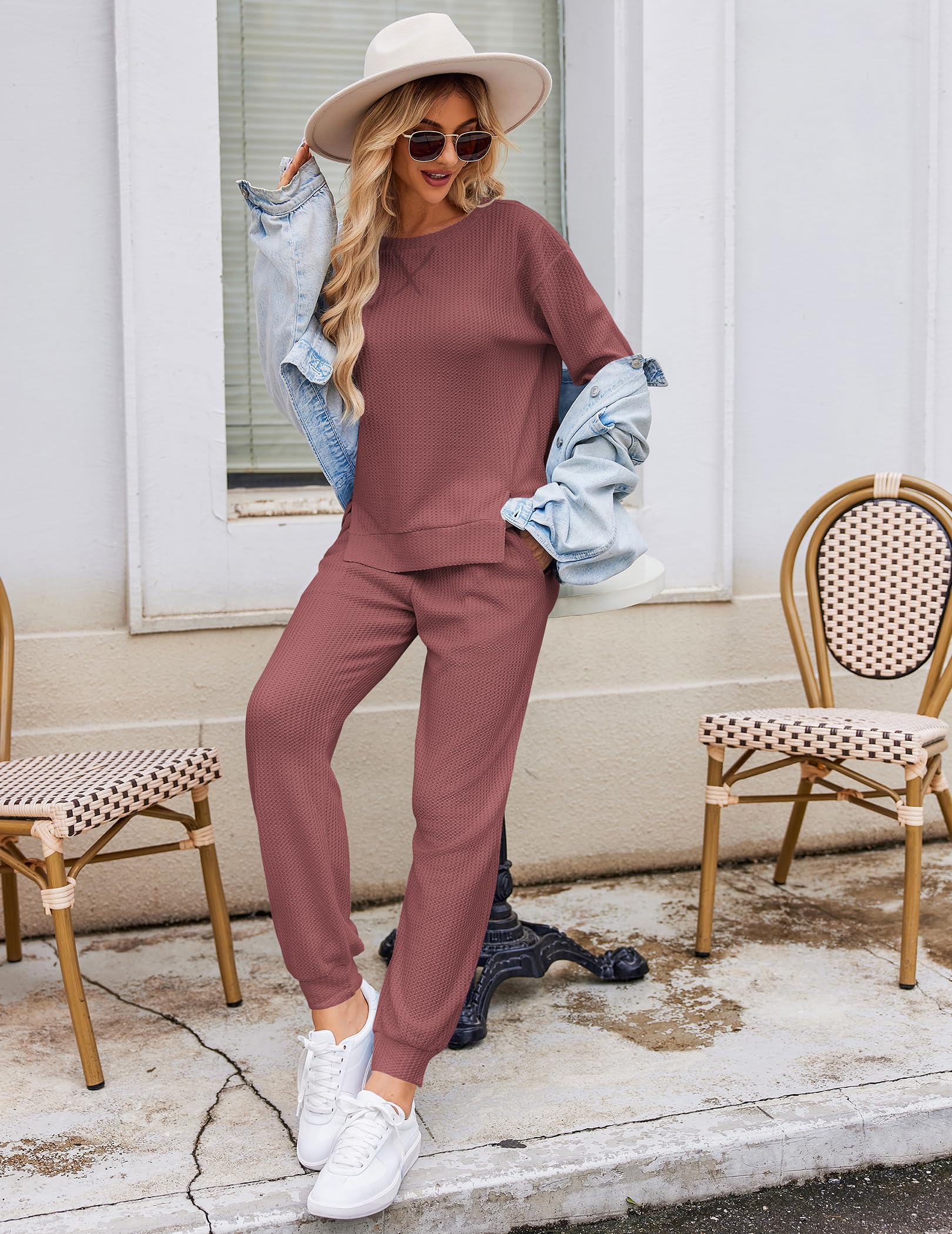 Ekouaer Women's Waffle Knit Lounge Set - Long Sleeve Pajama Set with Pockets, 2-Piece Outfit (Top & Pants) - Cozy Homewear for Relaxing, Sleeping & Lounging