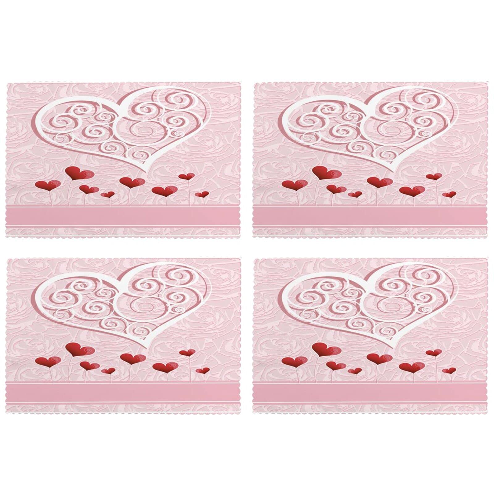 Valentine's Day Placemats Set of 4 - Pink Heart-Shaped Washable Table Mats 12x18 Inch, Heat-Resistant for Wedding, Mother's Day, Kitchen & Dining Table Decor - Perfect for Romantic Dinners & Holiday Celebrations