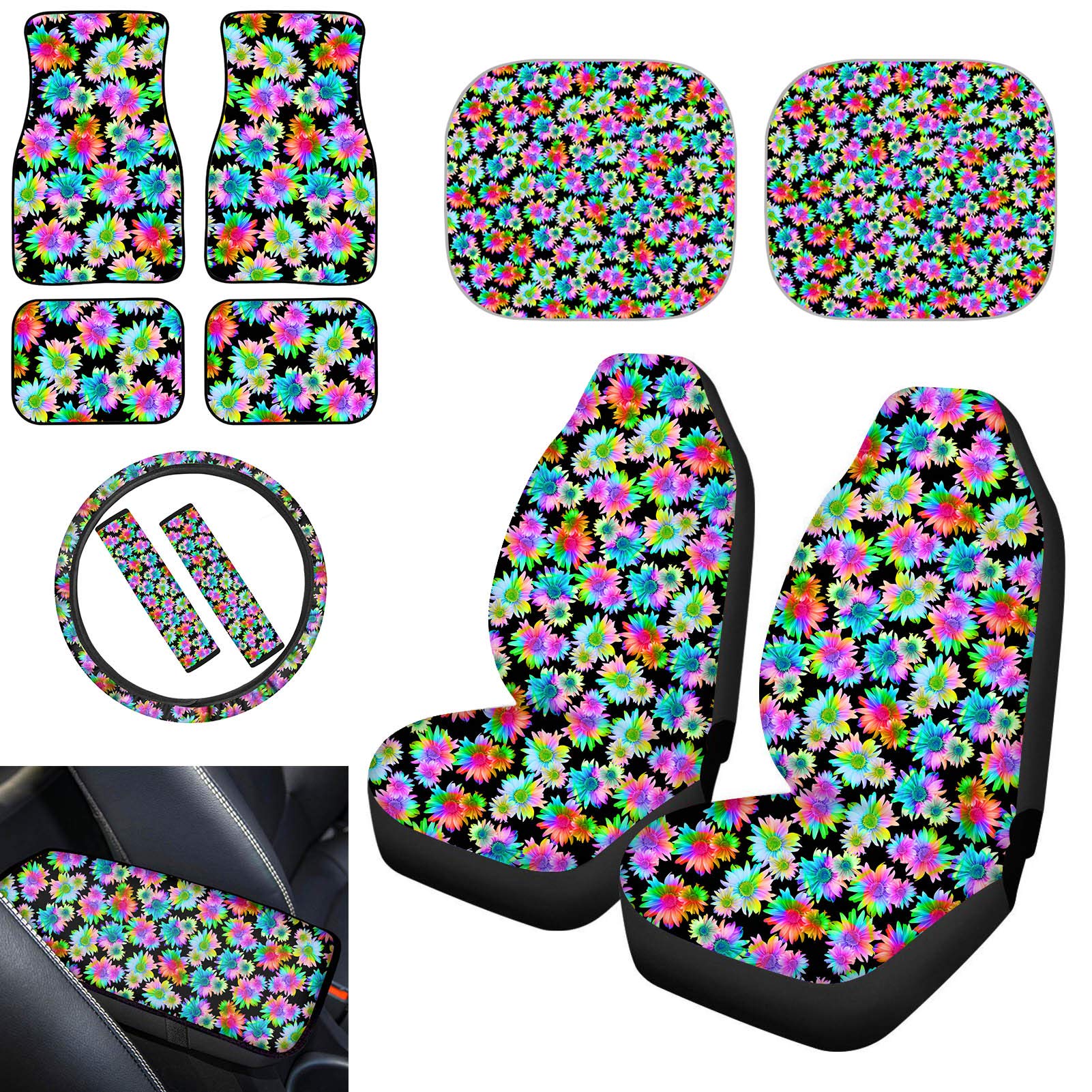 TOADDMOS Sunflower Rainbow Print Universal Car Seat Covers Set - Front Seat Covers, Floor Mats, Steering Wheel Cover, Armrest Cover, Seat Belt Pads & 2-Pack Windshield Sunshade for Women - Perfect for Summer Driving, Road Trips & Car Interior Protection