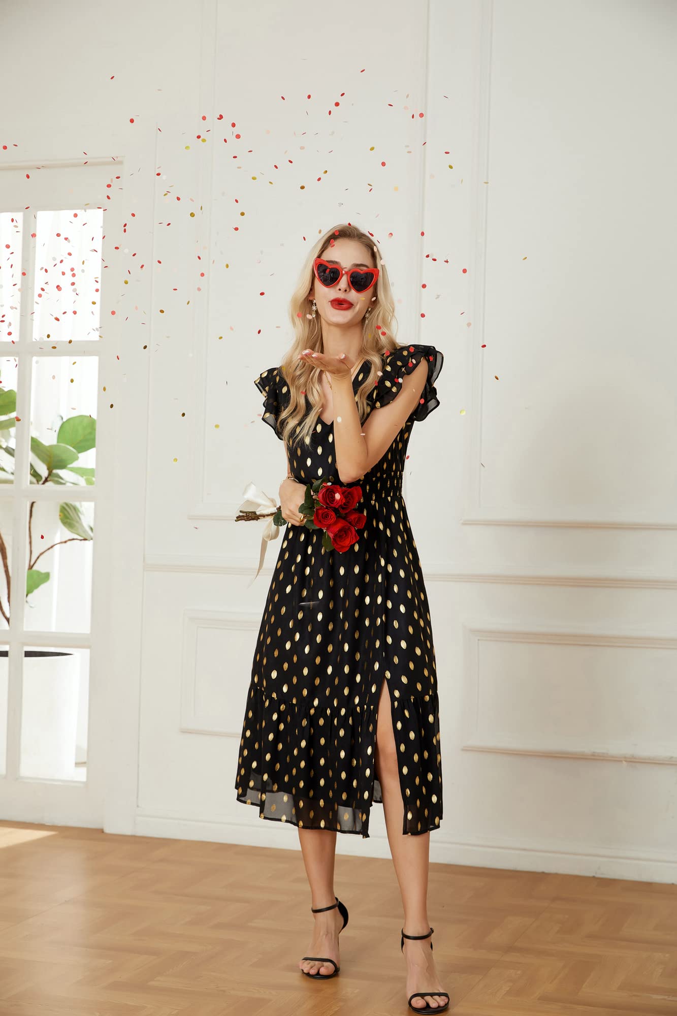 GRACE KARIN Women's V-Neck Ruffle Sleeve Summer Dress 2025 | Split Flowy Tiered Midi Dress for Wedding Guest & Cocktail Party | Beach Vacation, Garden Party & Date Night Outfits