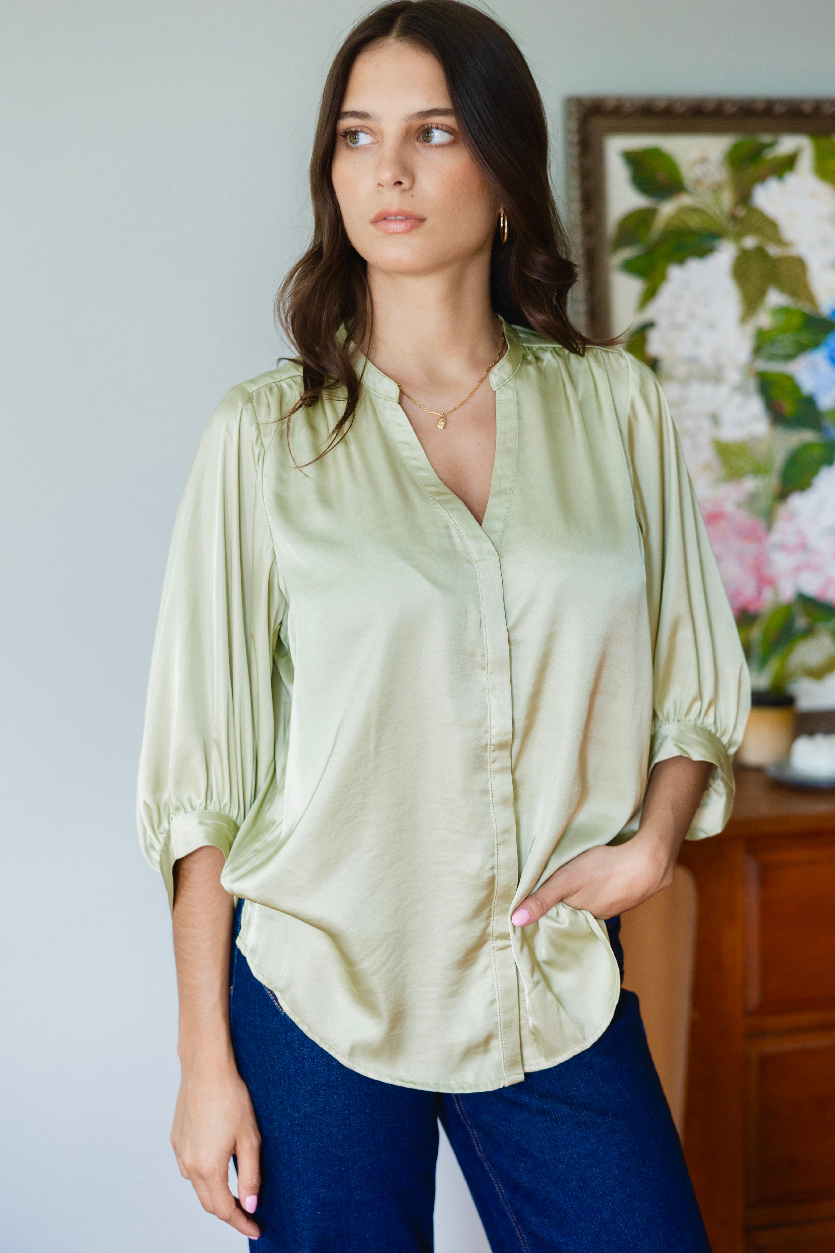 Deity Sage Satin Button-Down Blouse with Puff Sleeves - Elegant Women's Short Sleeve Top for Office, Date Night & Summer Outfits