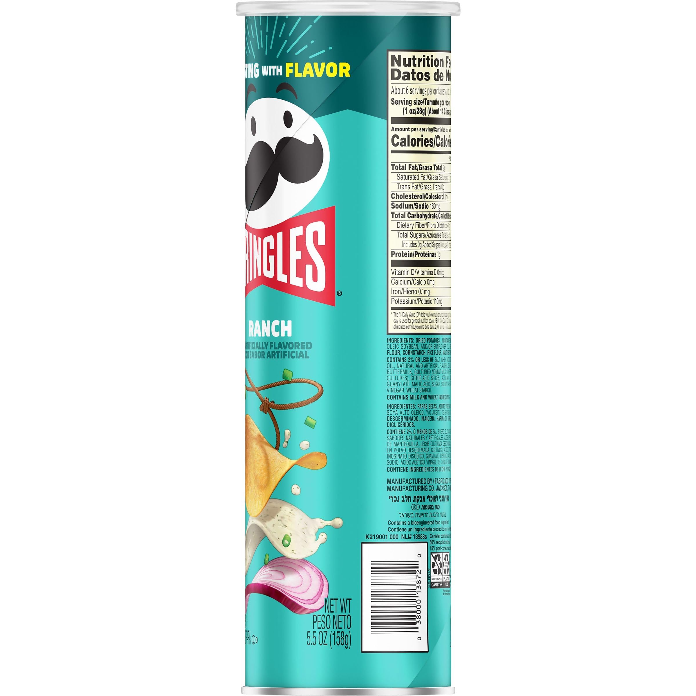 Pringles Ranch Flavored Potato Crisps - 5.5oz Can (Pack of 1) | Crunchy Snack Chips for Lunch Boxes, Office Snacks & On-The-Go | Perfect for Road Trips, Picnics & Movie Nights