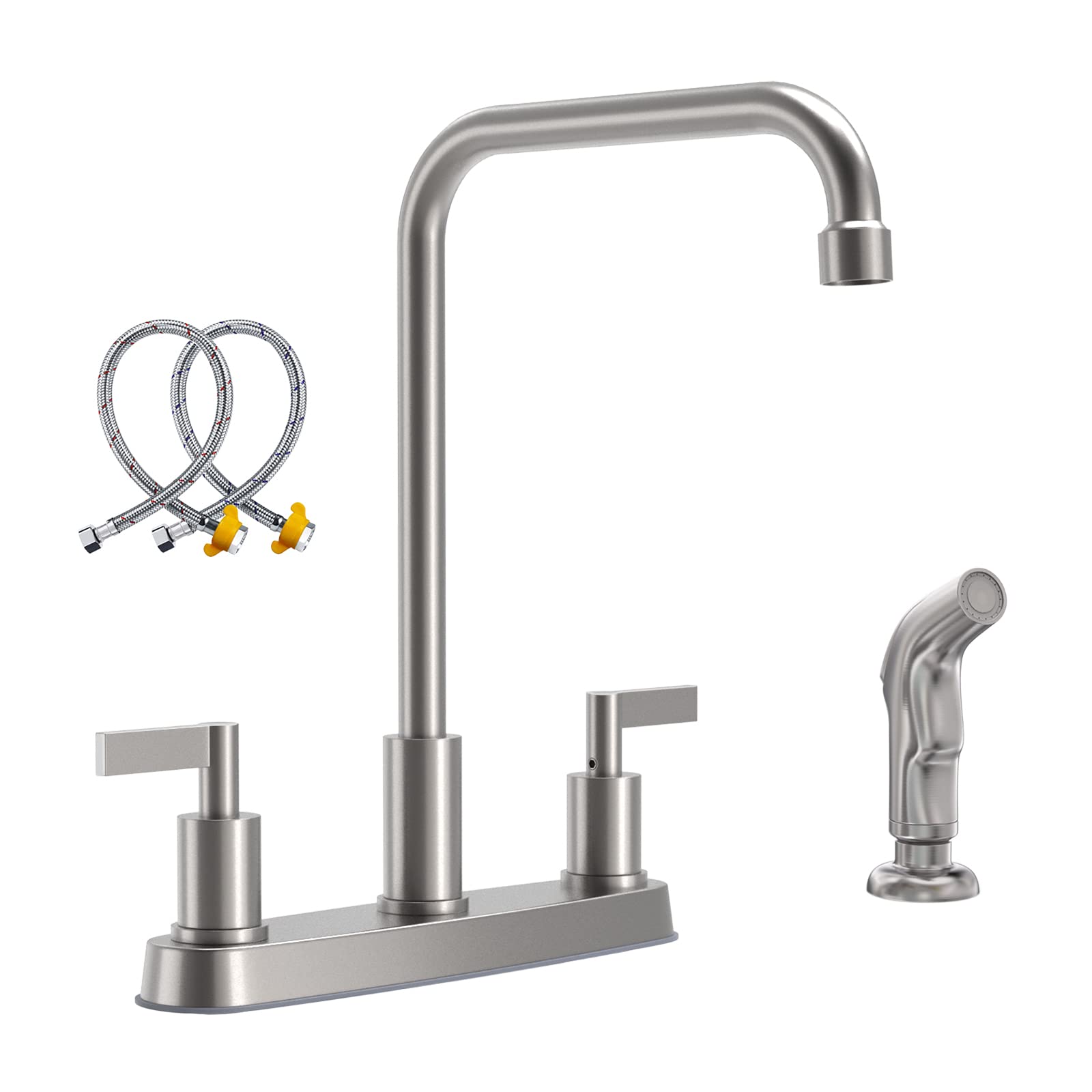 Brushed Nickel Kitchen Faucet with Pull Down Sprayer - 2 Handle Stainless Steel Sink Faucet for 3 or 4 Hole Installation - Perfect for Modern Kitchens, Dishwashing & Food Prep
