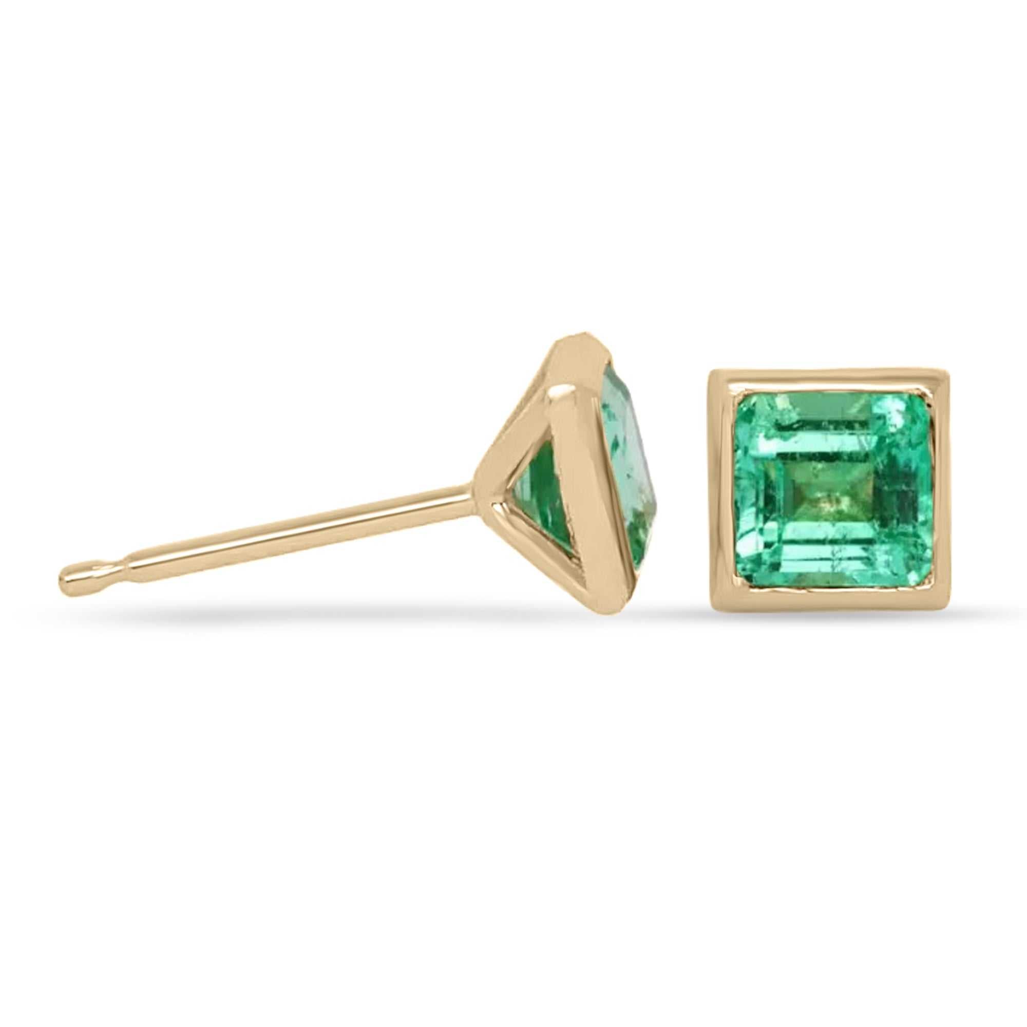 0.90tcw Princess Cut Natural Emerald Bezel Set Stud Earrings in 14K Gold - Elegant Jewelry for Women, Perfect for Weddings, Parties & Everyday Wear