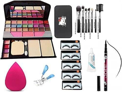 BELLAS TYA 6155 Professional Makeup Kit - 17-Piece Set with Multicolor Eyeshadow Palette, 7 Black Makeup Brushes, 5 Pairs False Eyelashes, Eyelash Curler, 36H Eyeliner Pencil & Pink Beauty Blender | Perfect for Makeup Artists, Beginners & Daily Beauty Routine