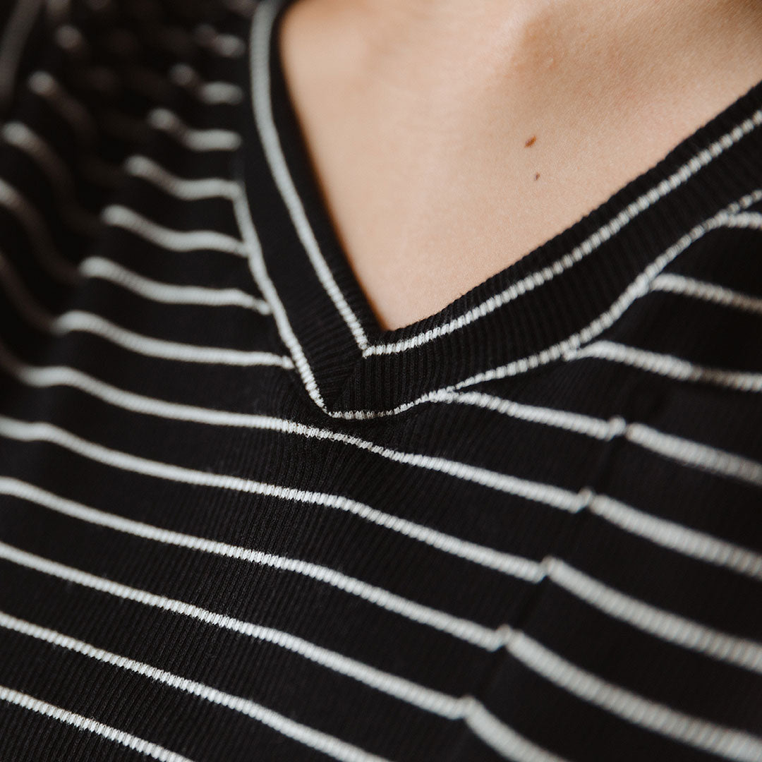 Chunky Black and White Striped V-Neck T-Shirt for Women - Soft Basic Tee for Casual Wear, Layering & Everyday Outfits
