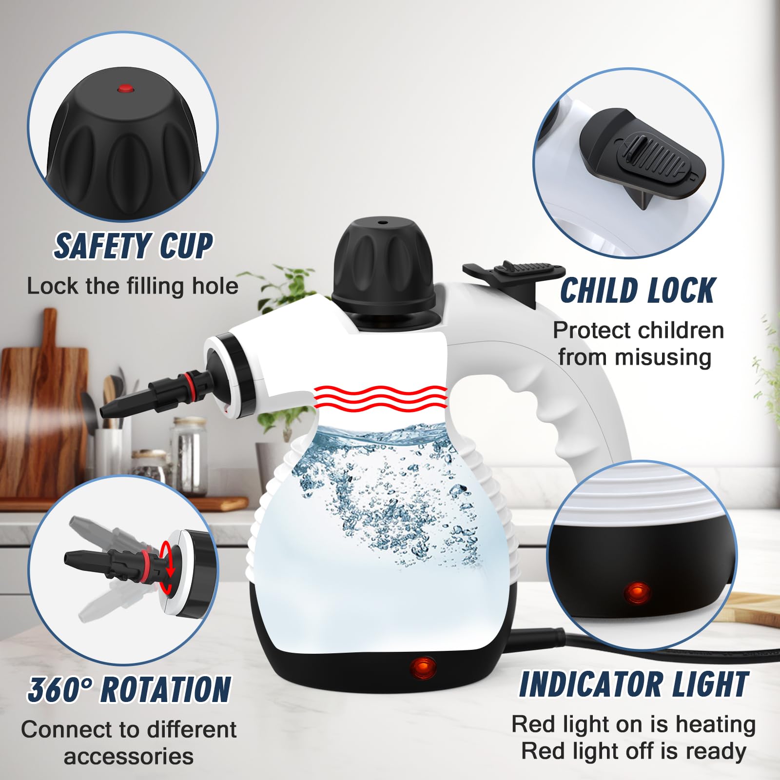 **Portable Handheld Steam Cleaner for Home Use - Multi-Purpose Steamer with Safety Lock & 10 Accessory Kit - Remove Grime, Grease, Stains - Perfect for Kitchen, Bathroom, Car, Upholstery & More**