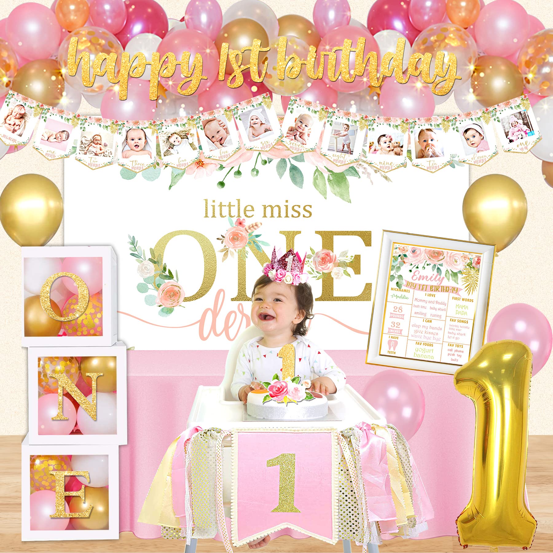 Baby Girl 1st Birthday Party Decorations Set - Balloon Boxes, Backdrop, High Chair Banner, Crown & Photo Banner for First Birthday Celebration | Perfect for Cake Smash, Photoshoot & Nursery Decor