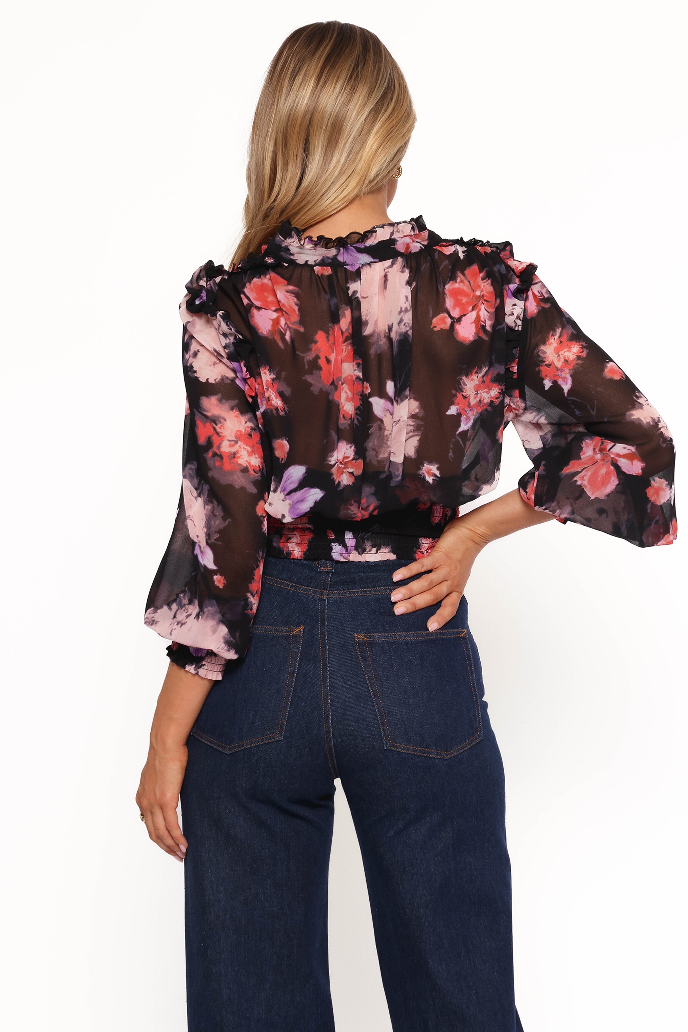Cody Top Black Blurred Floral Print Women's Fashion Blouse - Perfect for Casual Outings, Date Nights & Summer Vacations