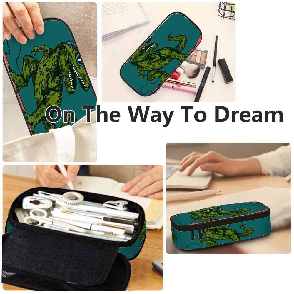 Dino Surfer Pencil Case - Happy Dinosaur with Sunglasses Design, Large Capacity Pouch for School, Office & Makeup | Perfect for Students, Artists & Travel Organization
