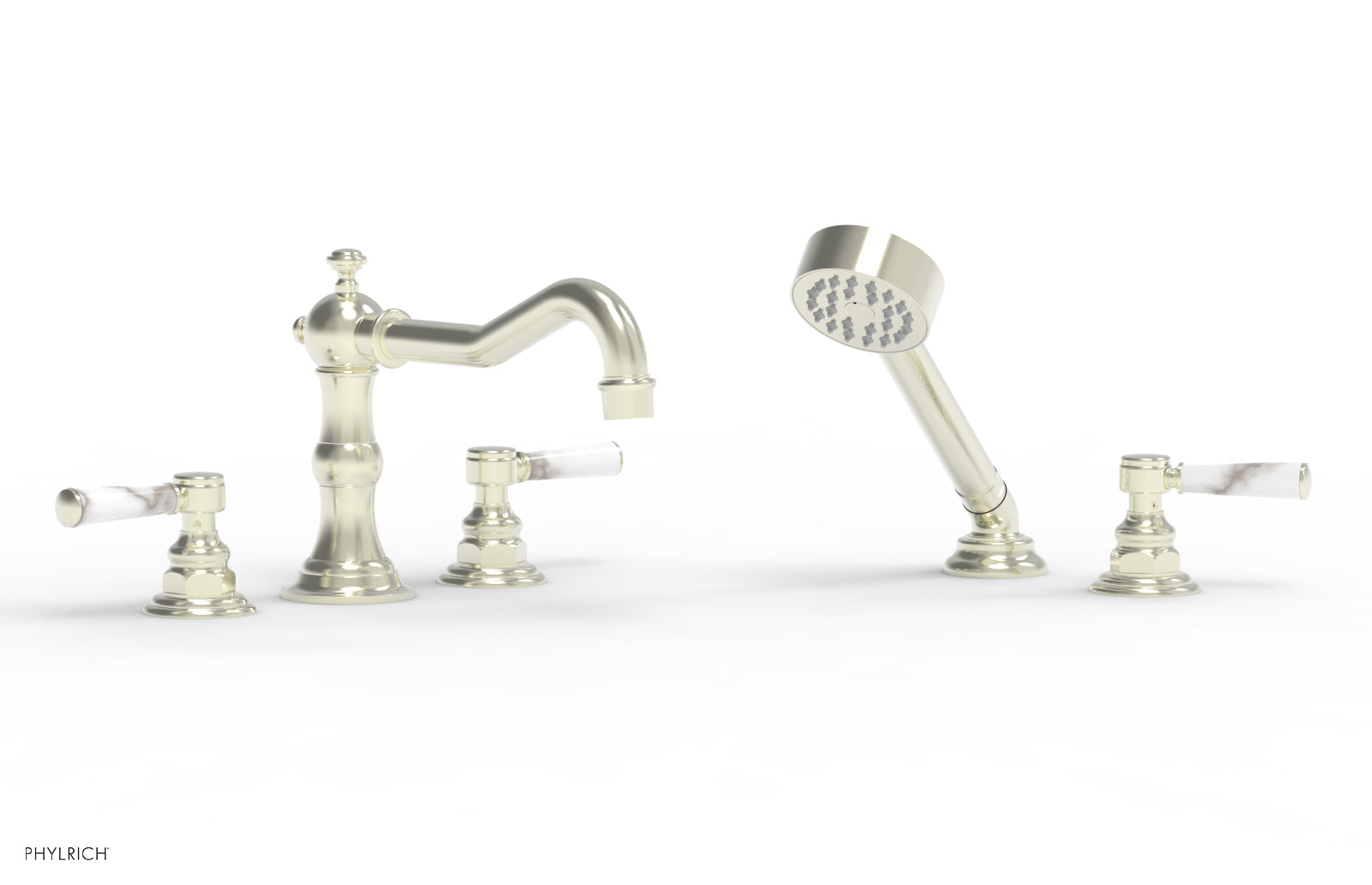Premium HENRI Deck Tub Set with Hand Shower - White Marble Handles - 161.50