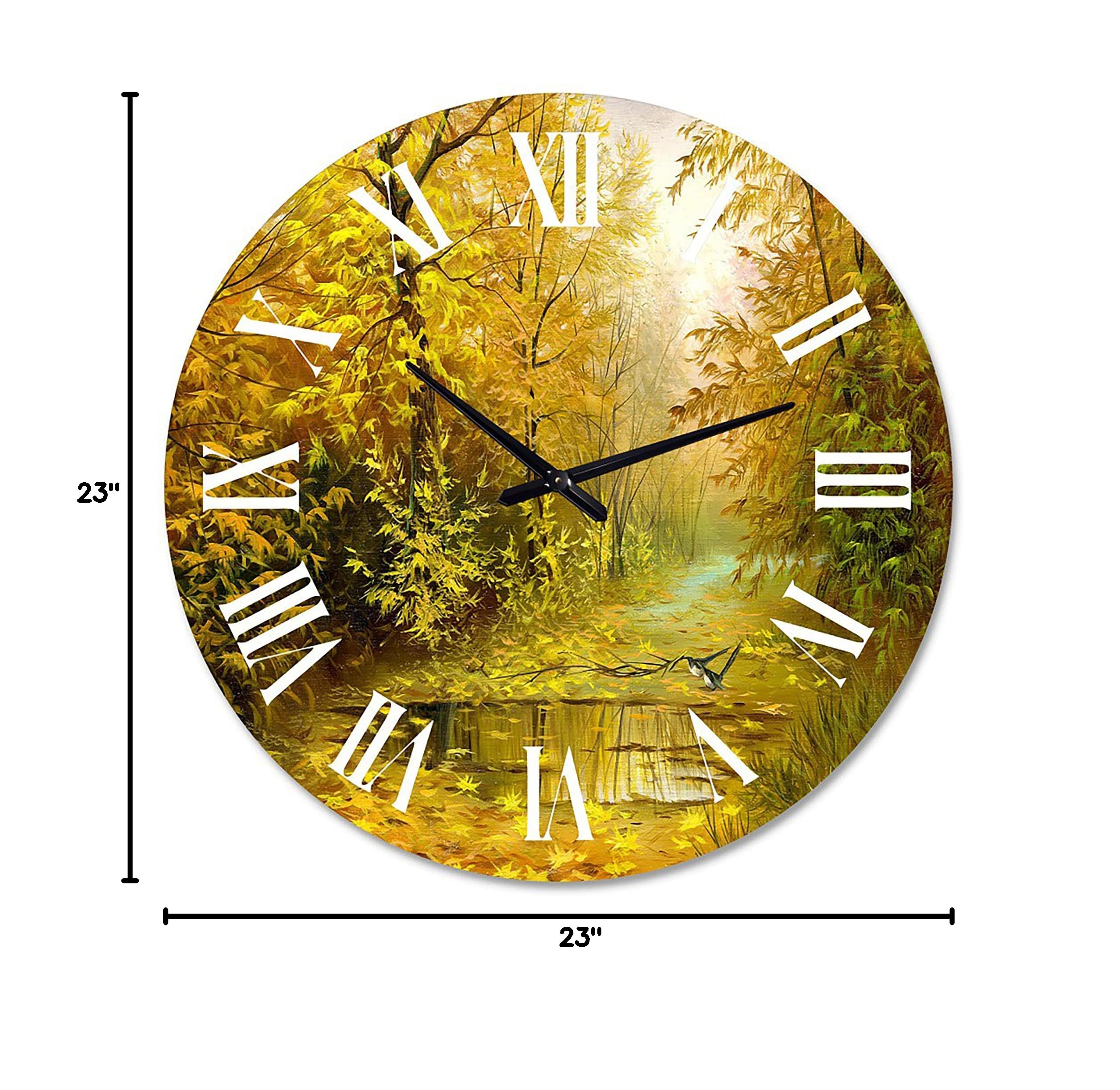 DesignQ Large Country Wall Clock 'Road in Yellow Woodlands' - Rustic Landscape & Nature Decor for Living Room, Bedroom, Office - Perfect Farmhouse Home Décor Gift