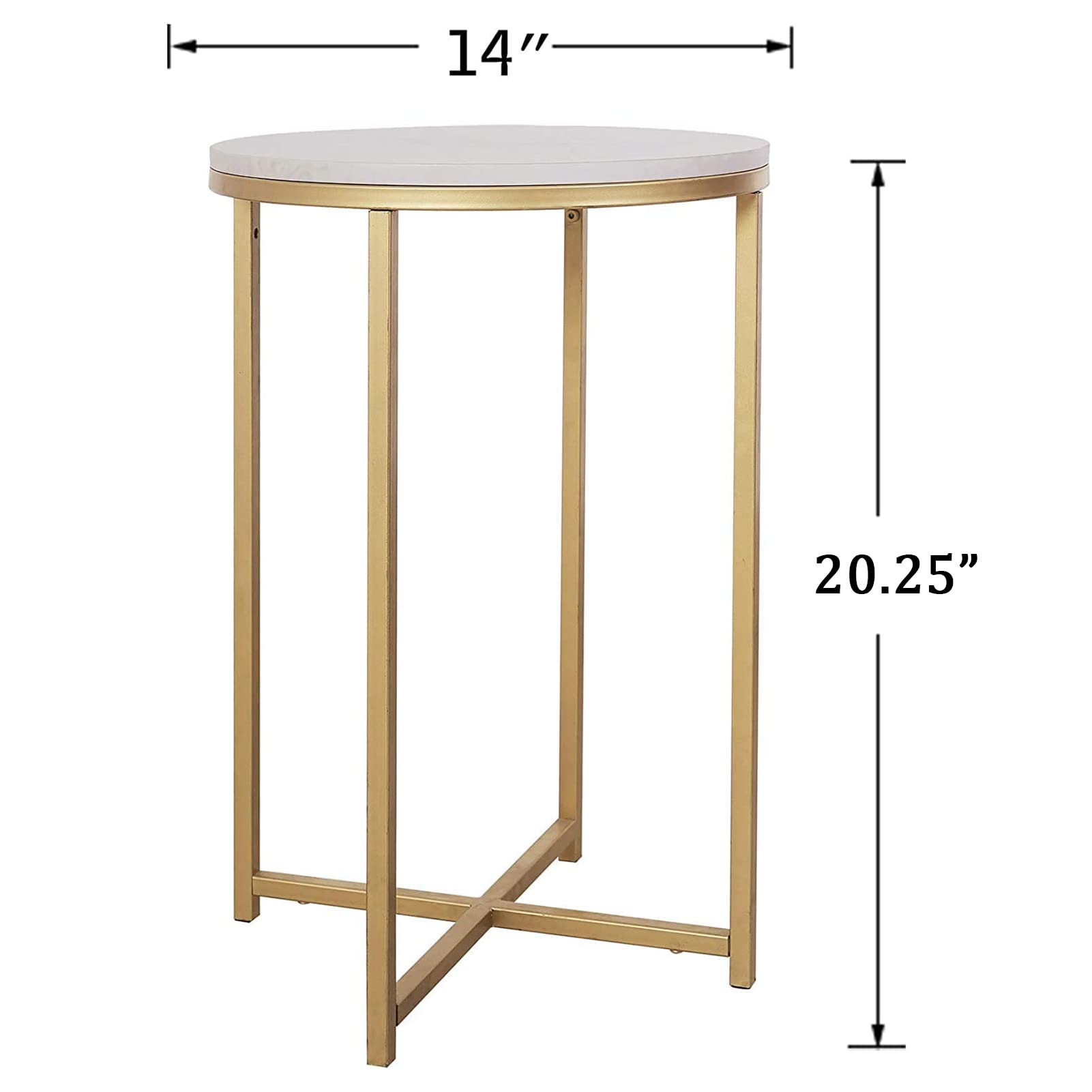 Gold Round Side Table with Faux Marble Top - Small Coffee Table for Living Room, Modern Nightstand for Bedroom - 14