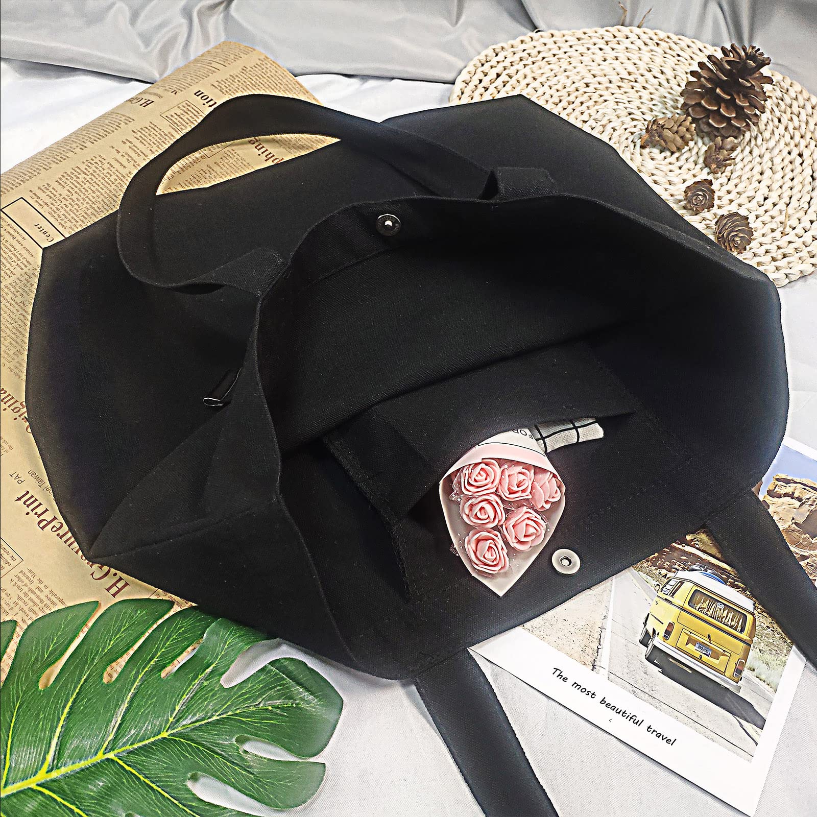 Stylish Black Canvas Tote Bag with Cute Cat Print - Large Reusable Grocery Shopping Bag, Casual Shoulder Pouch for Women - Perfect for Work, Travel & Daily Use