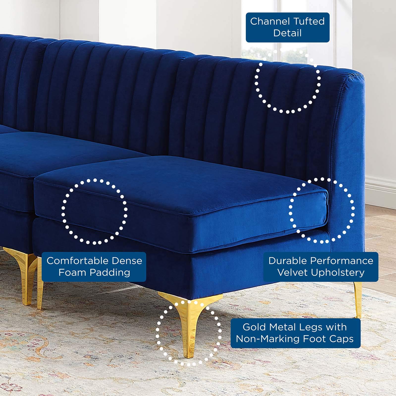 Modway Triumph Channel Tufted Performance Velvet 5-Piece Sectional Sofa in Navy Blue - Modern Living Room Furniture for Small Spaces & Apartments