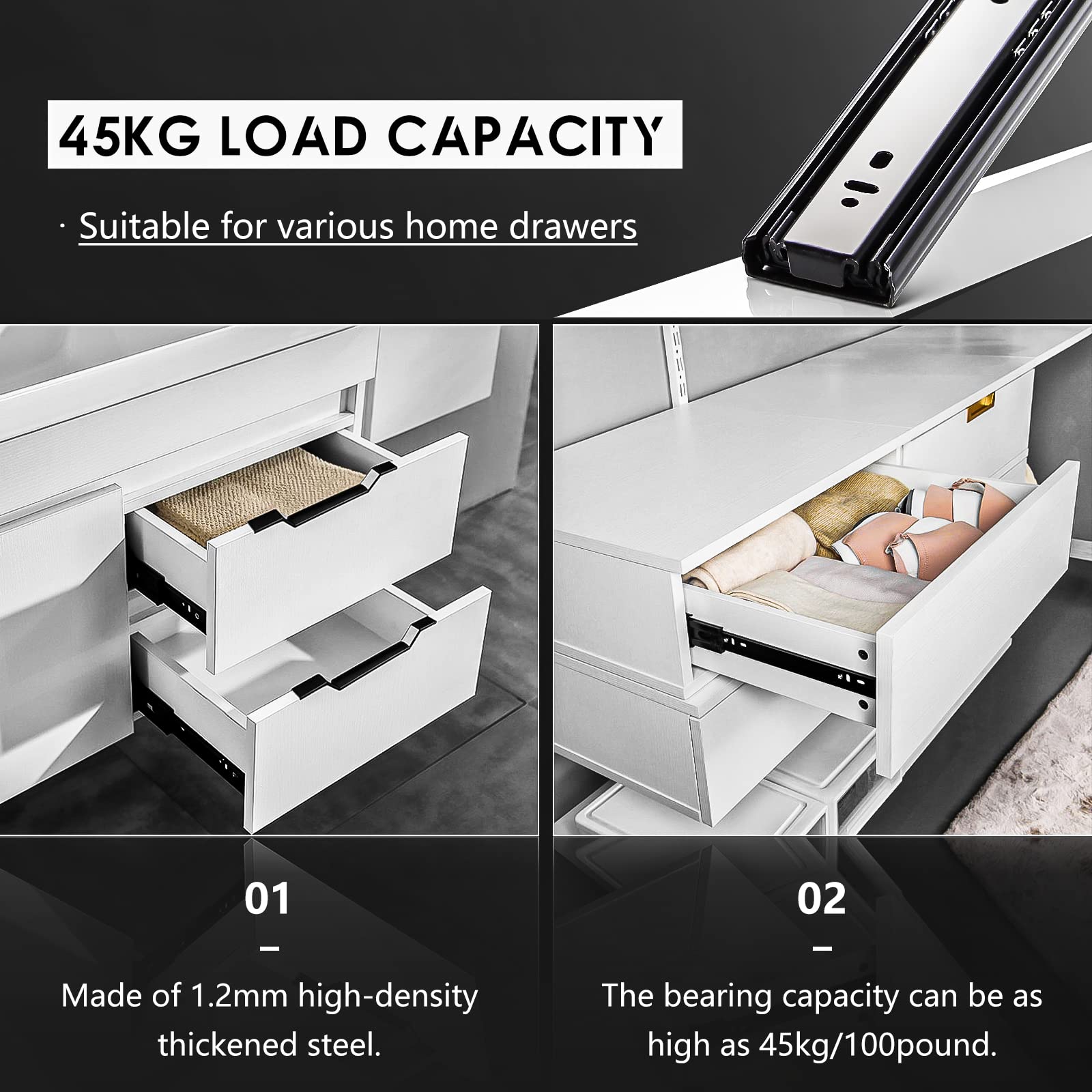 AOLISHENG 1 Pair Full Extension Drawer Slides Rails 8-24 Inch, 100 LB Load Capacity Ball Bearing Side Mount - Heavy Duty Metal Cabinet Runners for Dresser, File Cabinet, Kitchen Drawers & Trash Can (Black) | Smooth Gliding & Space Saving Solution for Home & Office Organization