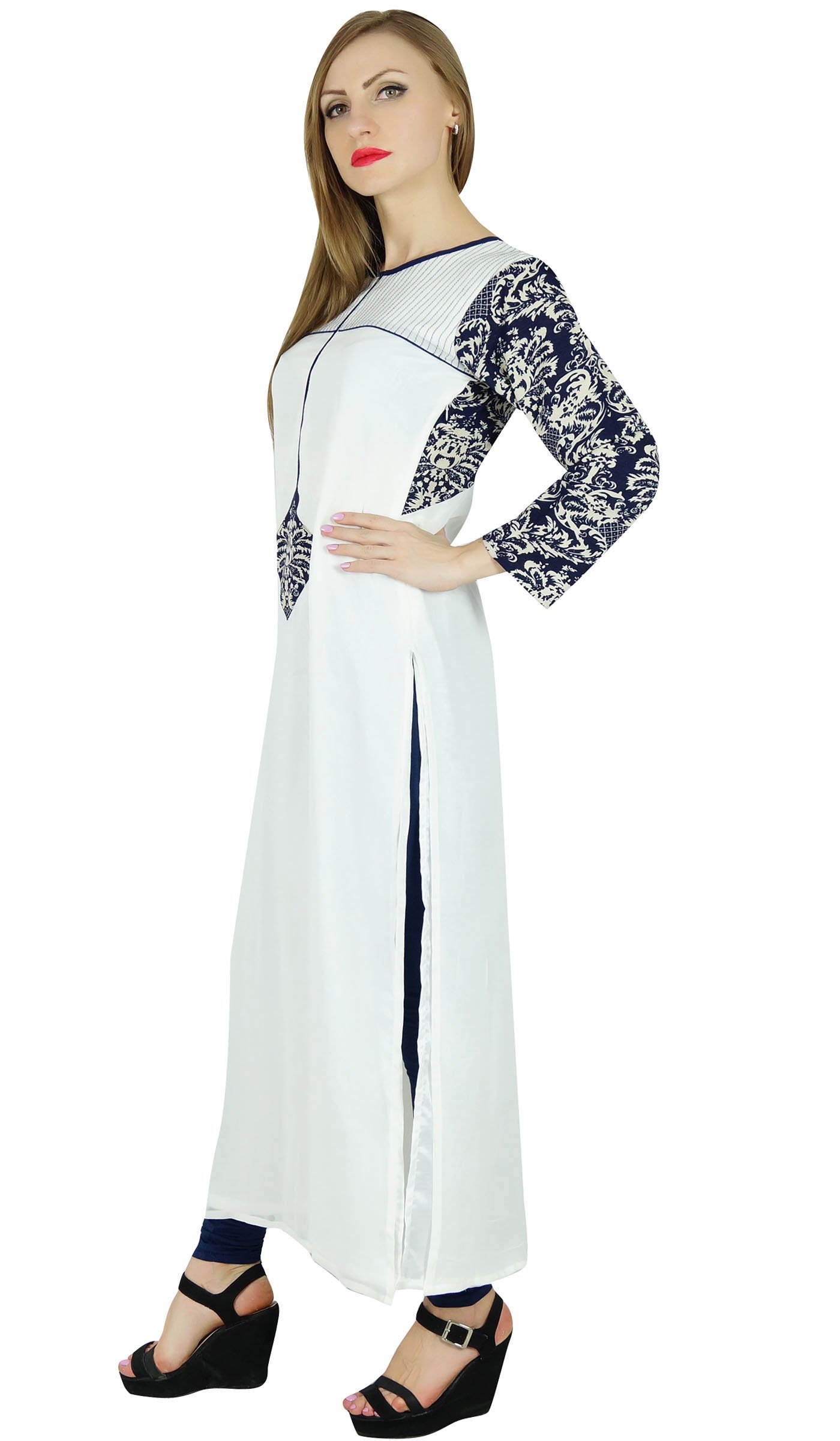 Bimba Women's White Lawn Kurta Kurti - Georgette Long Sleeve Blouse for Casual Wear & Festive Occasions | Perfect Gift for Women