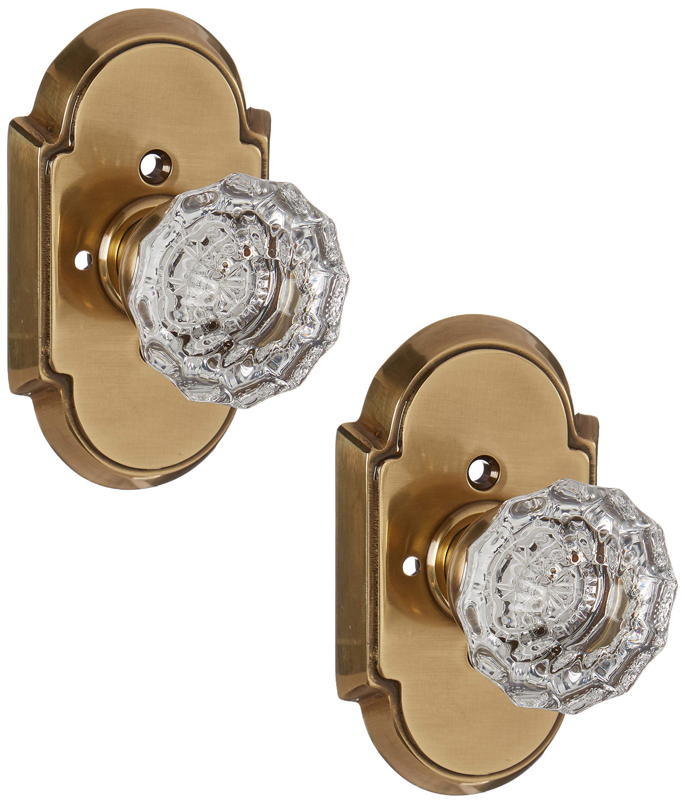 Antique Brass Arched Rosette Set with Fluted Crystal Knobs - Privacy Door Hardware for Bedroom, Bathroom & Closet Doors