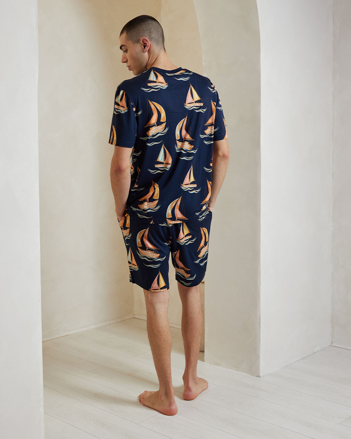 Sailboat Print Short Sleeve Pajama Set for Women - Soft Cotton Sleepwear for Summer Nights & Relaxing at Home