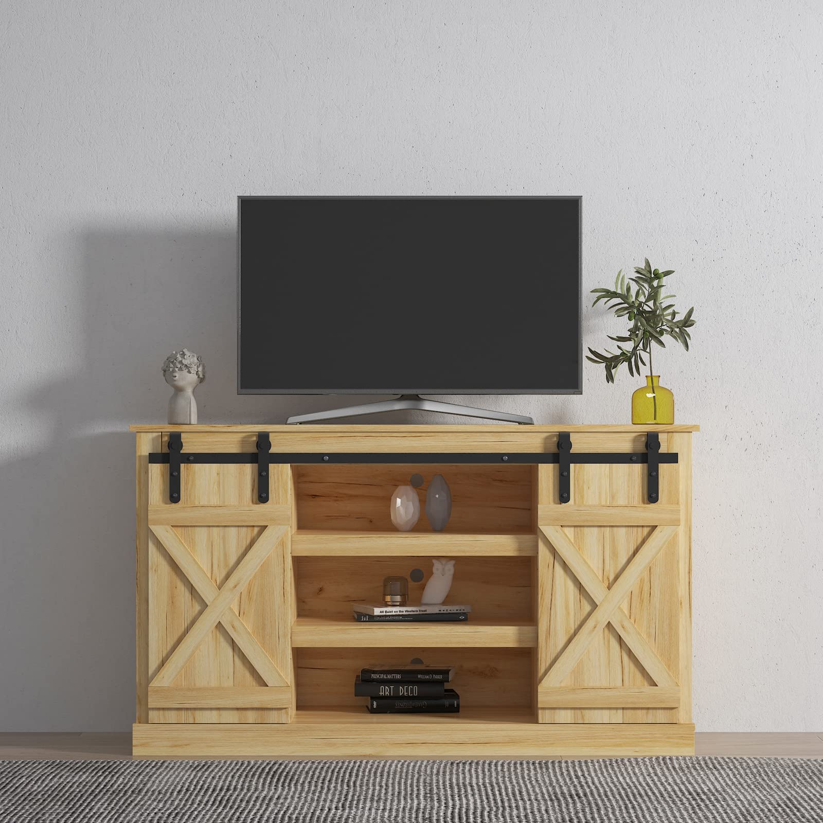Holaki 50-65 Inch TV Stand with Sliding Barn Doors - Farmhouse Style Wooden Entertainment Center & Media Console with Storage Cabinet - Reclaimed Barnwood Finish (Light Brown) - Perfect for Living Room, Home Theater & Modern Farmhouse Decor