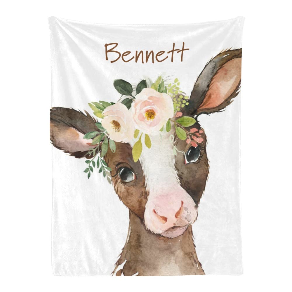 Personalized Baby Blanket with Cute Animal & Flowers - Custom Name Fleece Nursery Throw for Boys & Girls - 30