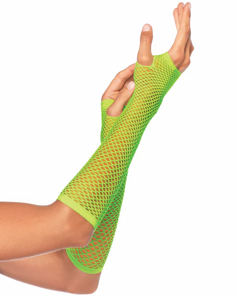 80s Neon Green Fishnet Fingerless Gloves - Retro Punk Fashion Accessory for Women, Halloween Costume, Rave Party & Cosplay