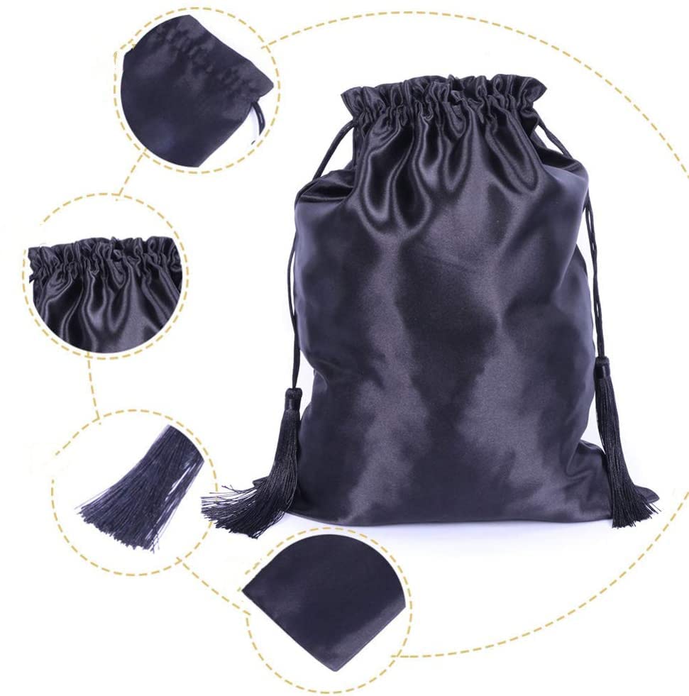 10 Pieces Black Satin Wig Bags with Drawstring Tassels - Silk Hair Storage Bags for Wigs, Hair Extensions & Bundles - Perfect for Travel, Packaging & Organizing Hair Accessories