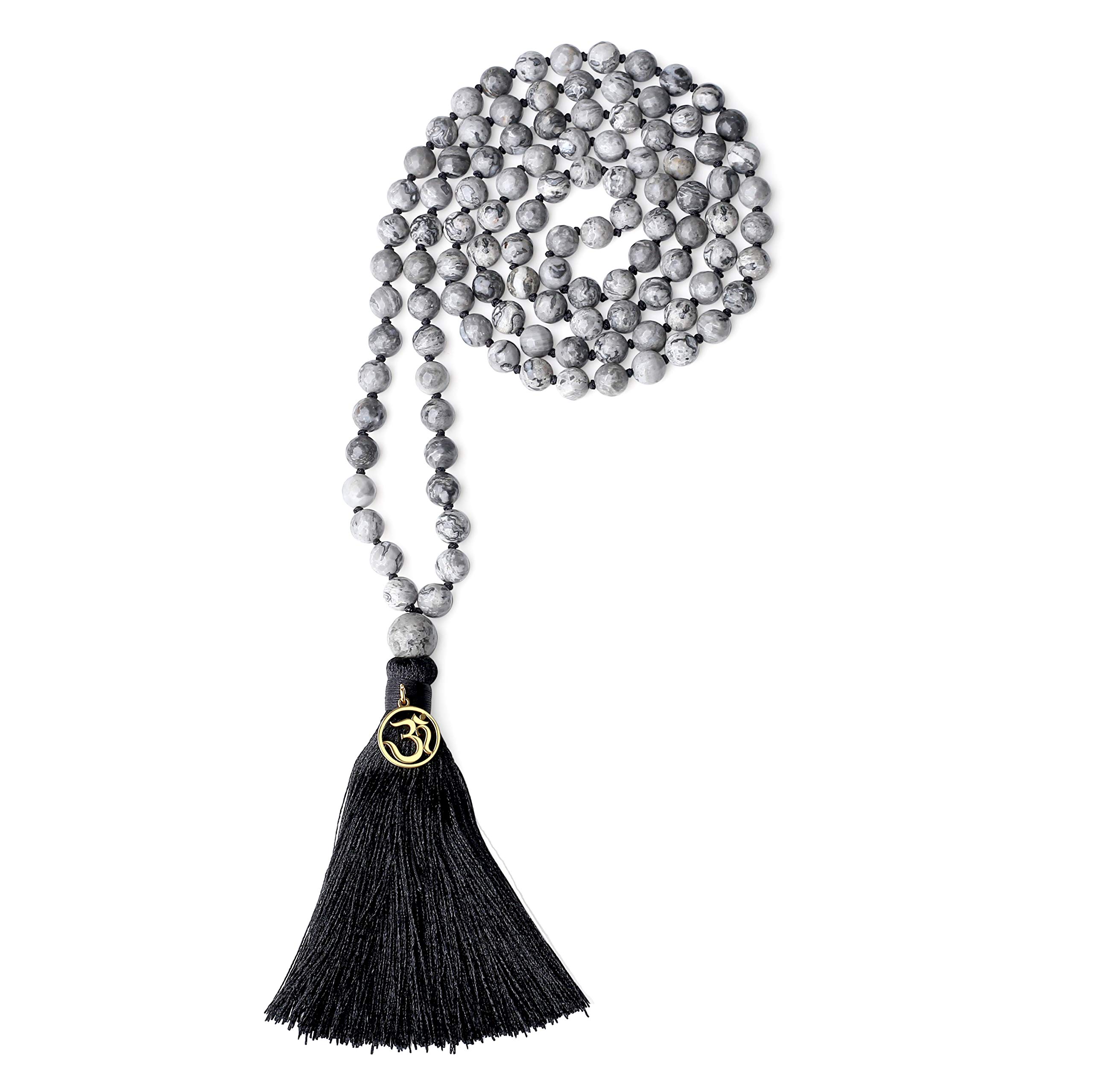 COAI OM Charm Hand Knotted Tassel 108 Mala Beads Necklace - Buddhist Meditation Prayer Beads for Yoga, Mindfulness & Spiritual Practice
