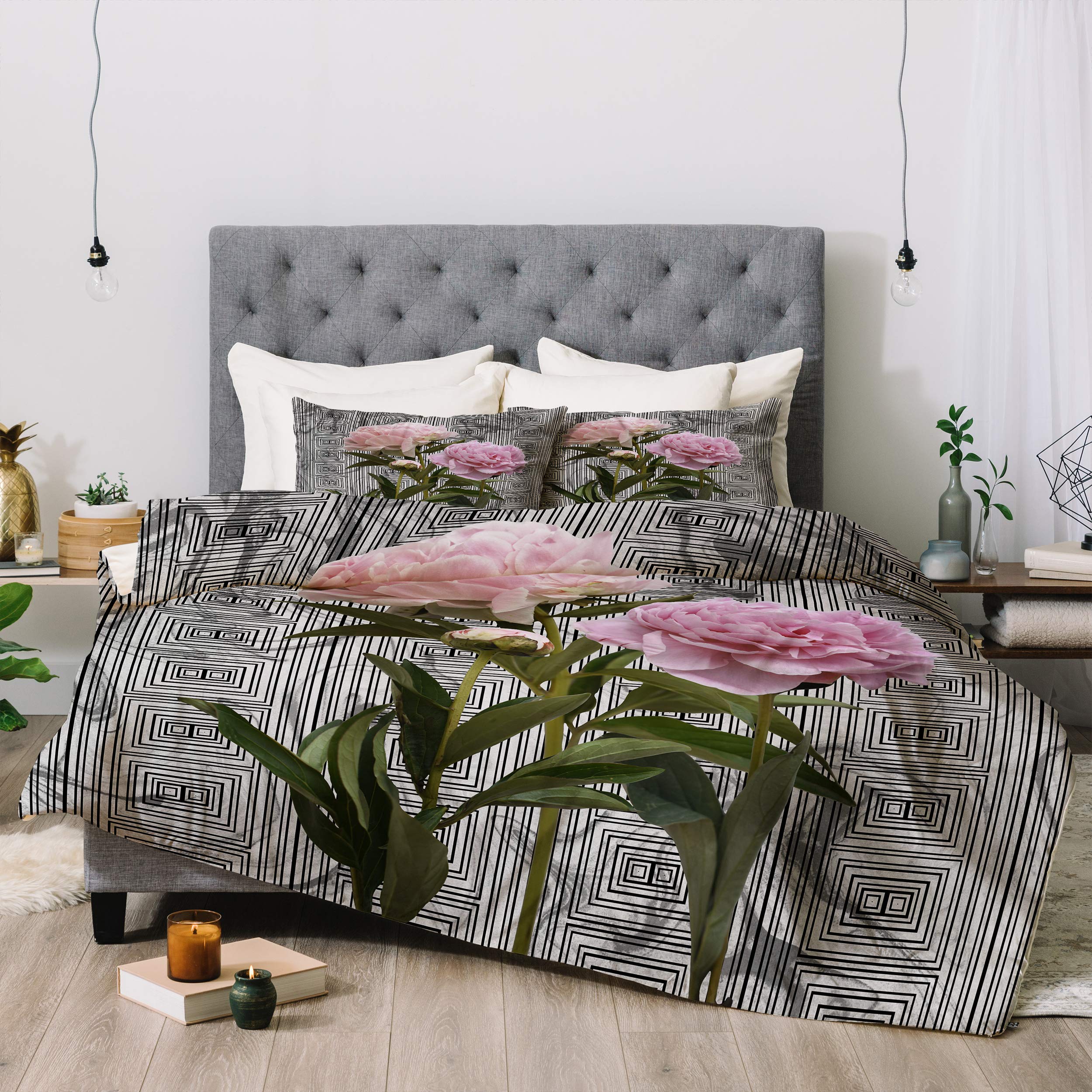 Deny Designs Lisa Argyropoulos Modern Grecco Peonies Comforter Set with Pillow Shams - Twin Size Gray Floral Bedding for Girls Room, Teen Bedroom & Guest Room Decor