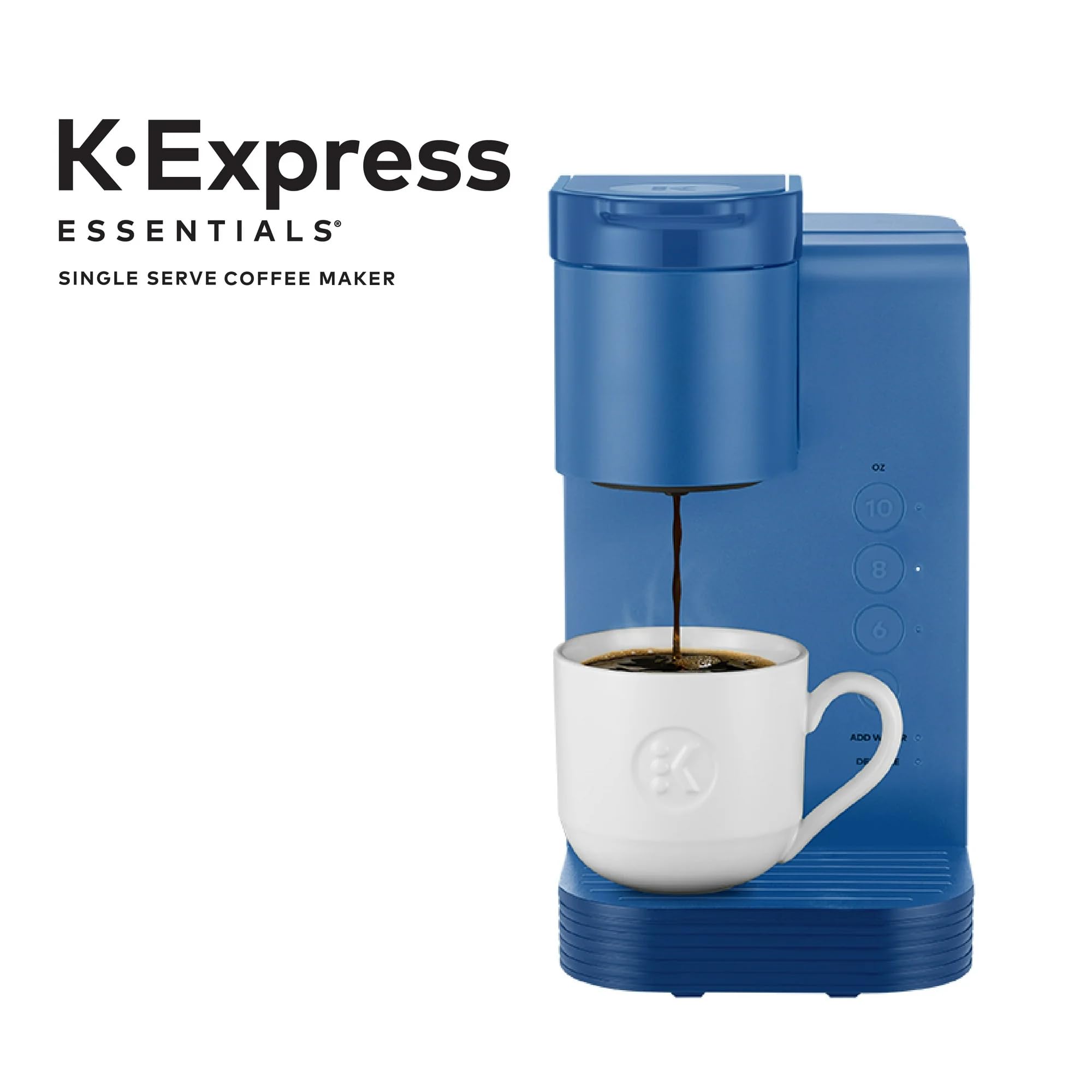 **K-Express Essentials Single Serve Coffee Maker - Compact K-Cup Pod Machine with 36 oz Water Reservoir, Fast Brewing & Travel Mug Compatible - Perfect for Home, Office & Travel (Navy Blue)**    *(Use Cases: Enjoy fresh coffee at home, in small offices, dorm rooms, or while traveling with this portable and space-saving coffee maker.)*