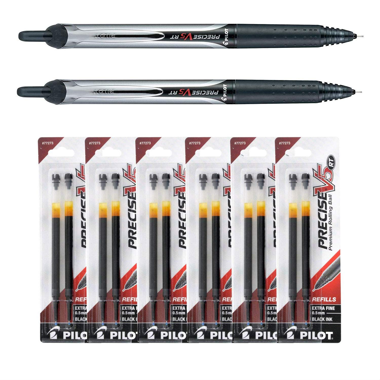 Pilot Precise V5 RT Retractable Rolling Ball Pens - 2 Pens + 6 Refills (Black Ink, 0.5mm Extra Fine) for Office, School & Note Taking
