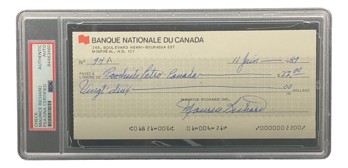 Maurice Richard Autographed Montreal Canadiens Hockey Memorabilia - PSA/DNA Certified Bank Check #94A - Perfect for Sports Collectors & Hockey Fans Display