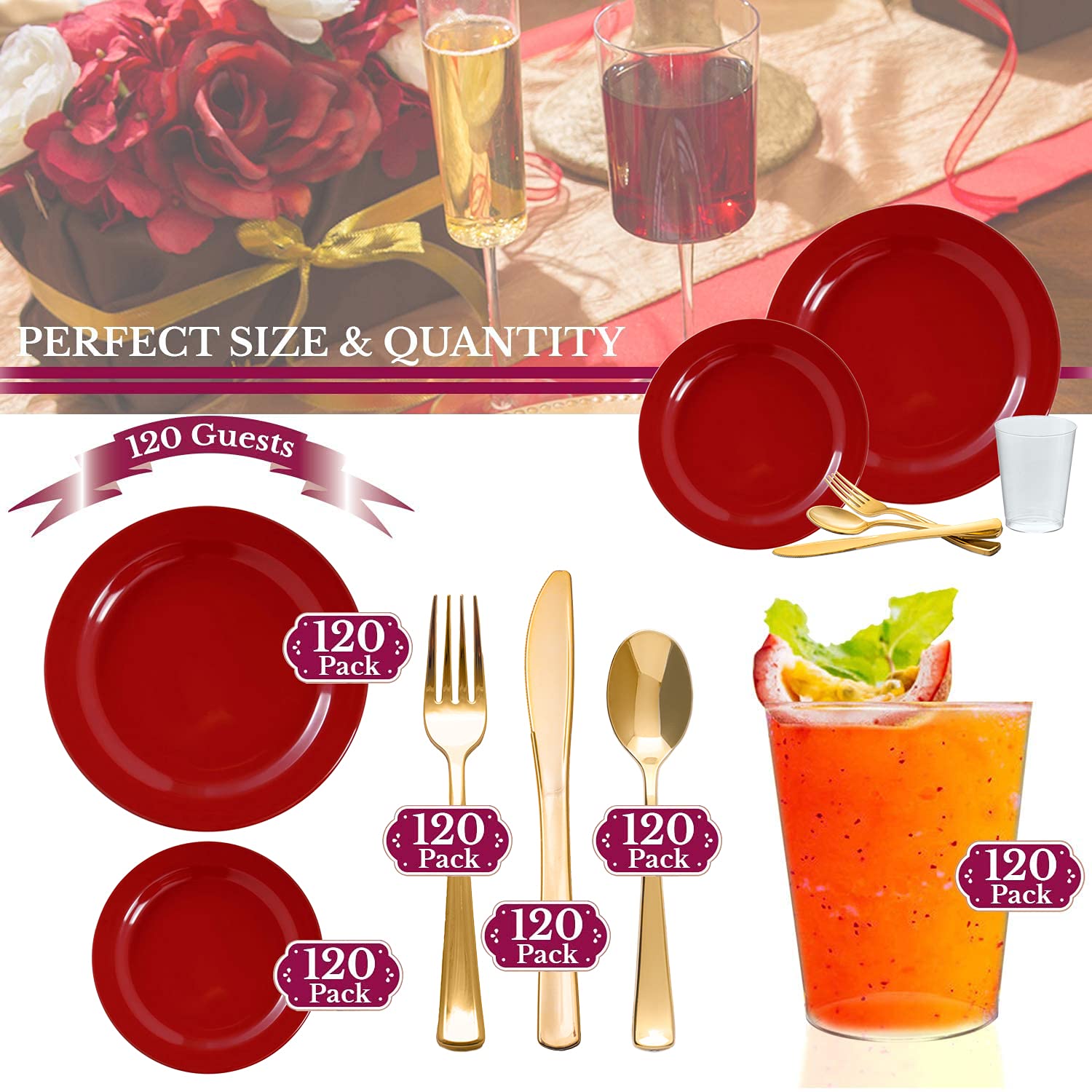 Smarty Had A Party 120-Piece Red Combo Plate Set – Wedding & Event Tableware for Large Gatherings (Durable Disposable Plates for Parties, Receptions & Catering)