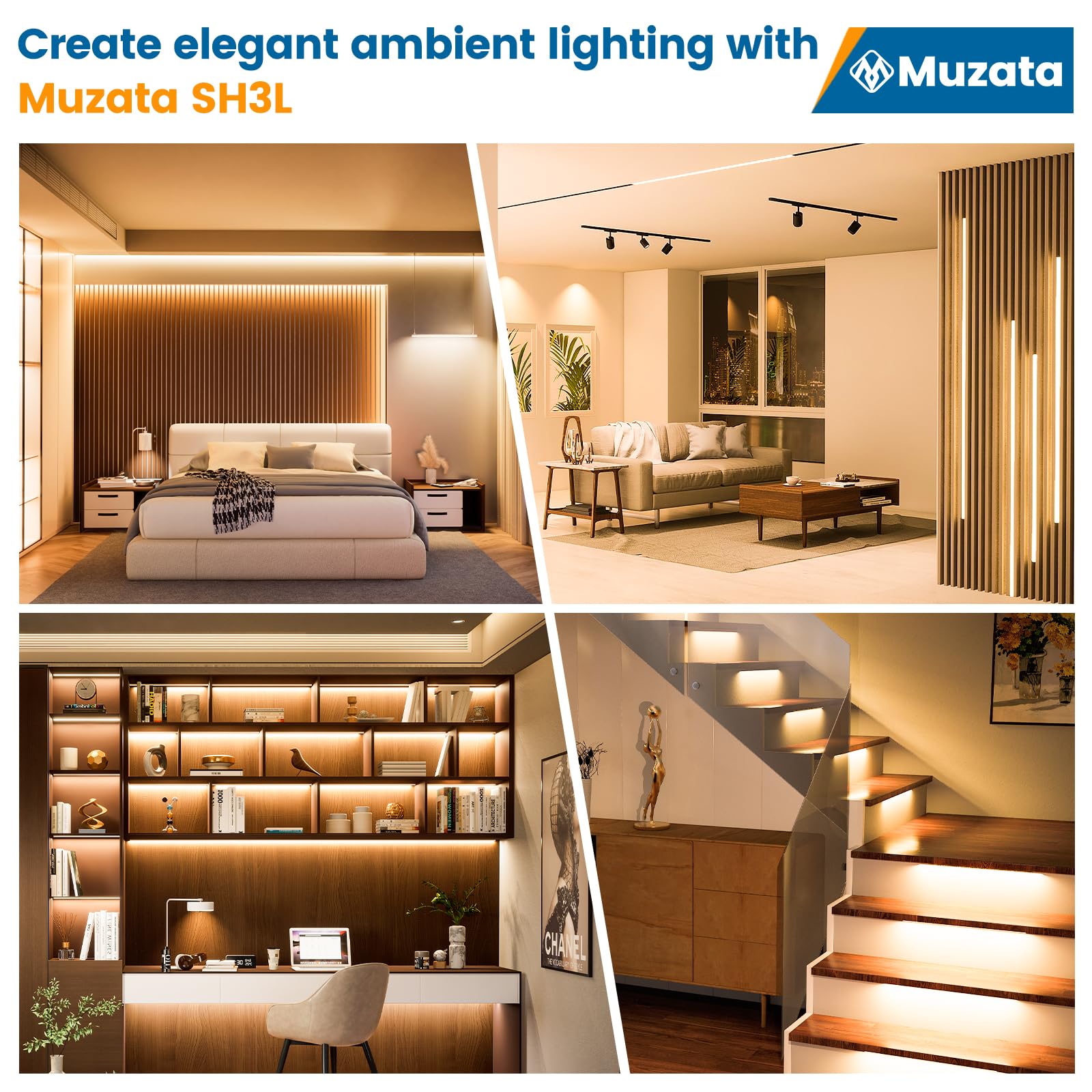 Muzata 16.4FT/5M COB LED Strip Lights Warm White 3000K - 6-Pack 3.3ft/1M U-Shape Aluminum Channel with Diffuser Cover - Dimmable Under Cabinet Lighting for Kitchen, Bedroom, and Home Decor
