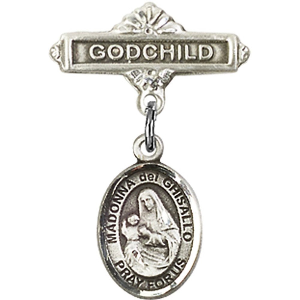 Sterling Silver Baby Badge with St. Madonna Del Ghisallo Charm & Godchild Pin - 1 x 5/8 Inch - Perfect for Christenings, Baptisms & Religious Gift Giving