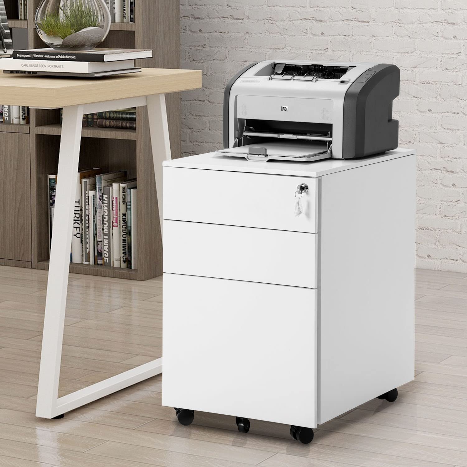 3-Drawer Metal File Cabinet with Lock & Wheels - Large Under Desk Storage for Office & Home - Fully Assembled White Filing Cabinet - Perfect for Organizing Documents, Files & Office Supplies