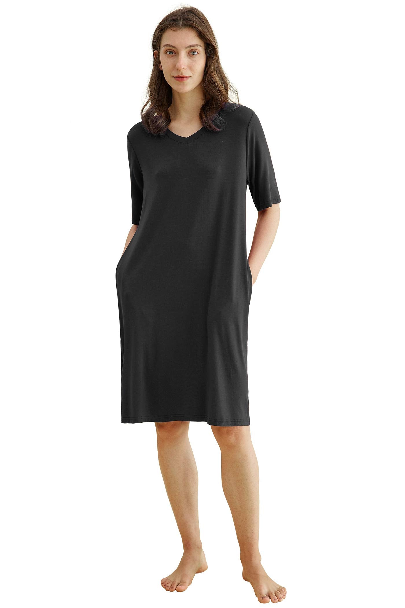 Comfortable Women's Bamboo Viscose Nightgown - Soft V-Neck Sleep Shirt with Pockets for Lounge & Sleep | Breathable & Eco-Friendly Pajama Dress for Women