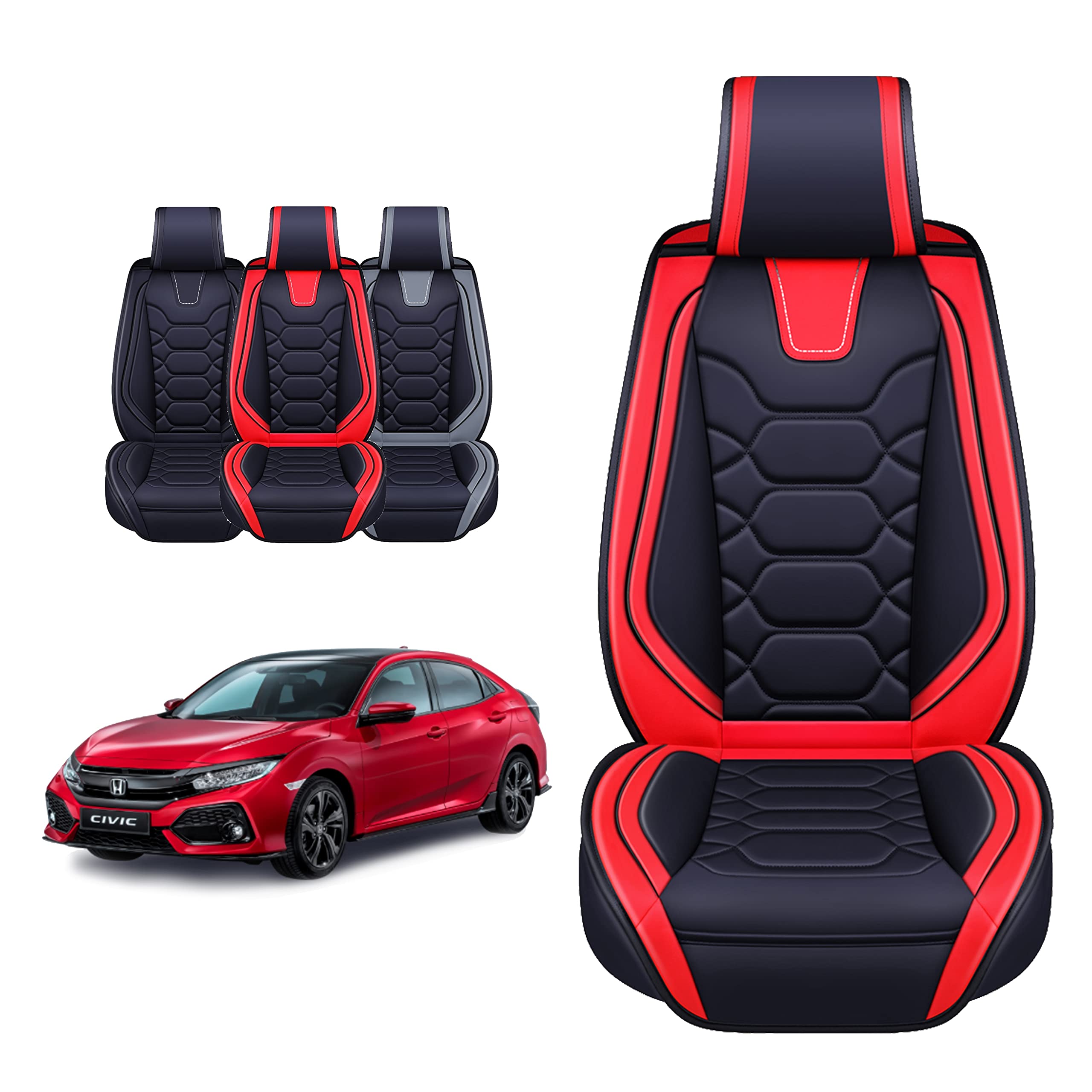 Premium Custom Fit Honda Civic Seat Covers 2011-2025 - Leather Front Pair for 2/4 Door Sedan/Coupe/Hatchback (Excludes Si) - Red Car Interior Accessories for Comfort & Protection | Perfect for Daily Commute & Road Trips