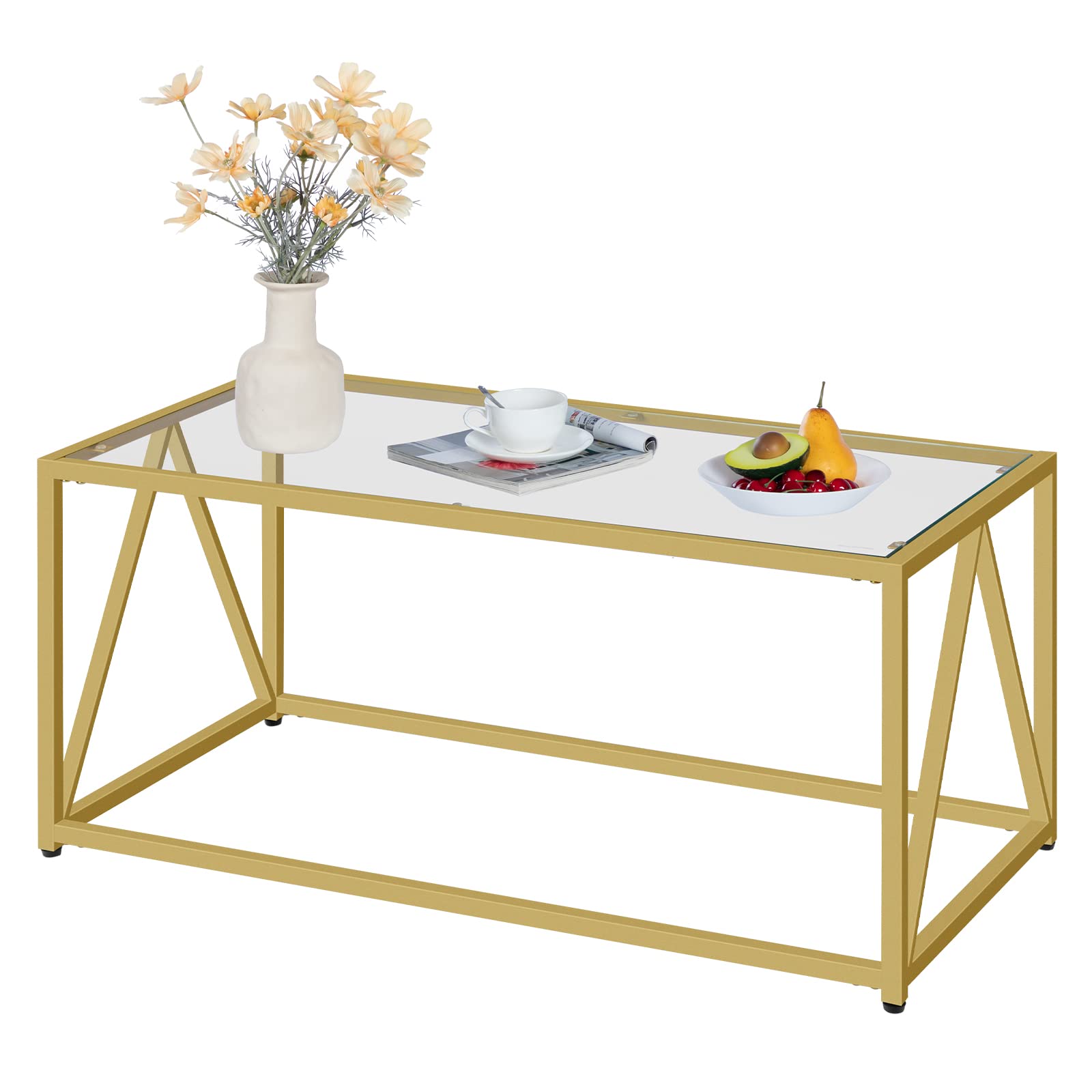 HOOBRO Modern Gold Glass Coffee Table for Living Room, 39.4 x 19.7 x 17.7 Inches, 1-Tier Center Table with Easy Assembly - Perfect for Apartments, Offices & Lounge Areas (Model GD04KF01)