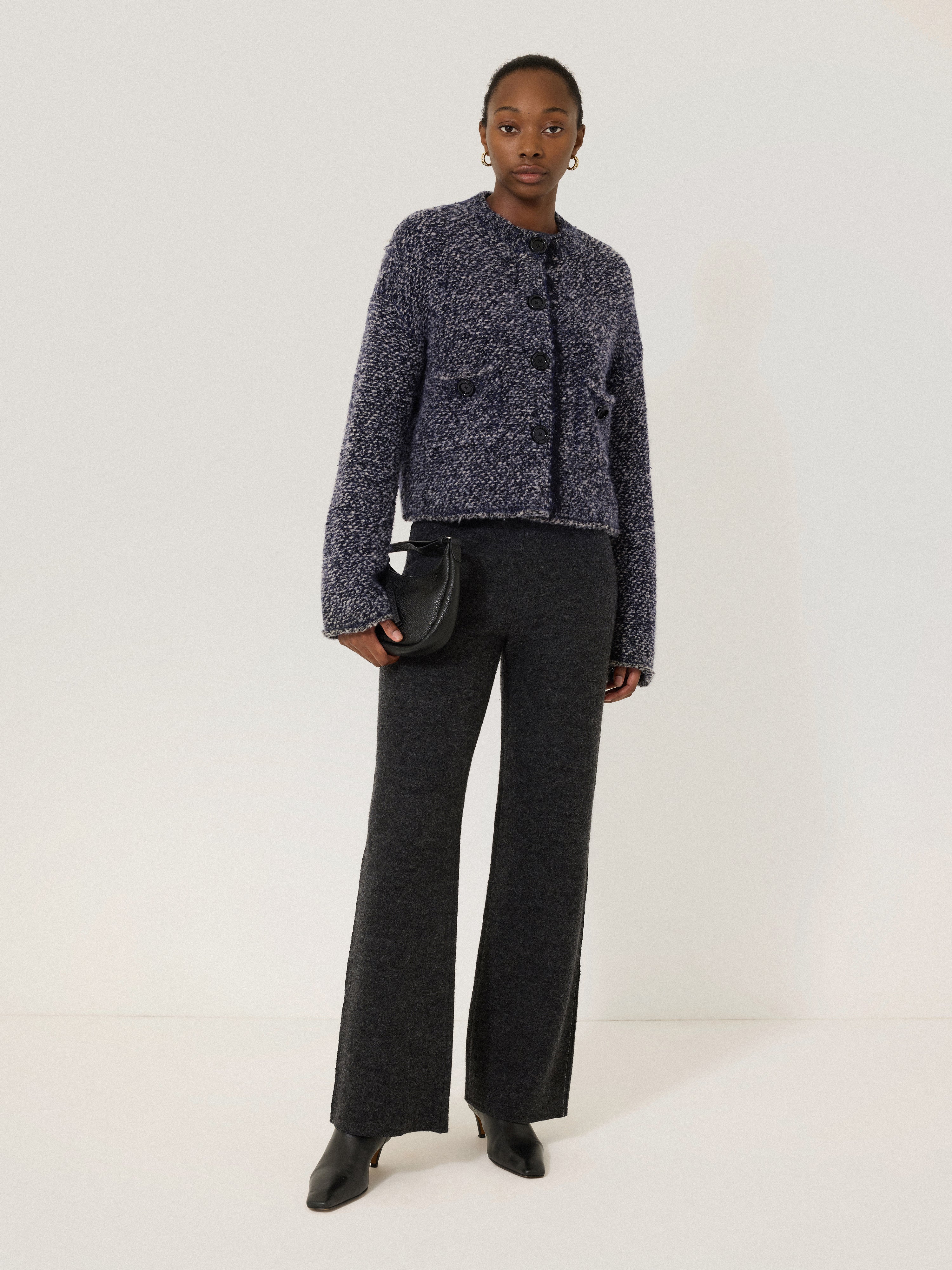 French Tweed Cardigan Jacket for Women - Classic Navy Blue Knit Blazer Coat | Perfect for Office Wear, Business Casual, and Fall Layering