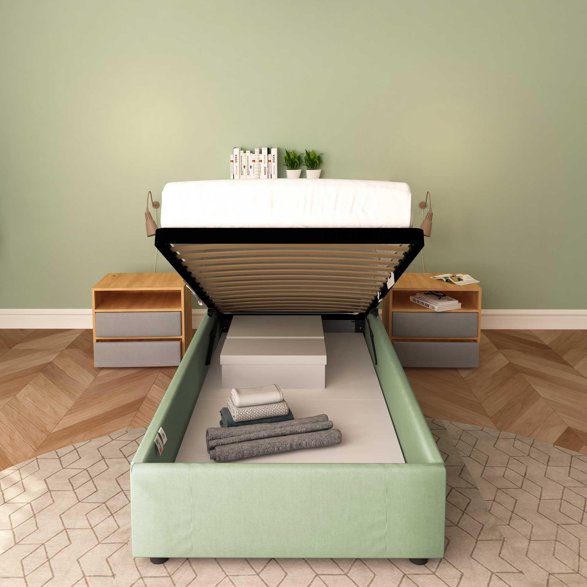 Baldiflex Cloe Square and Half Bed with Fabric Storage Container, No Headboard, Slatted Base for Mattresses, 100 x 200 cm, Mint Green - Perfect for Small Bedrooms, Guest Rooms & Studio Apartments